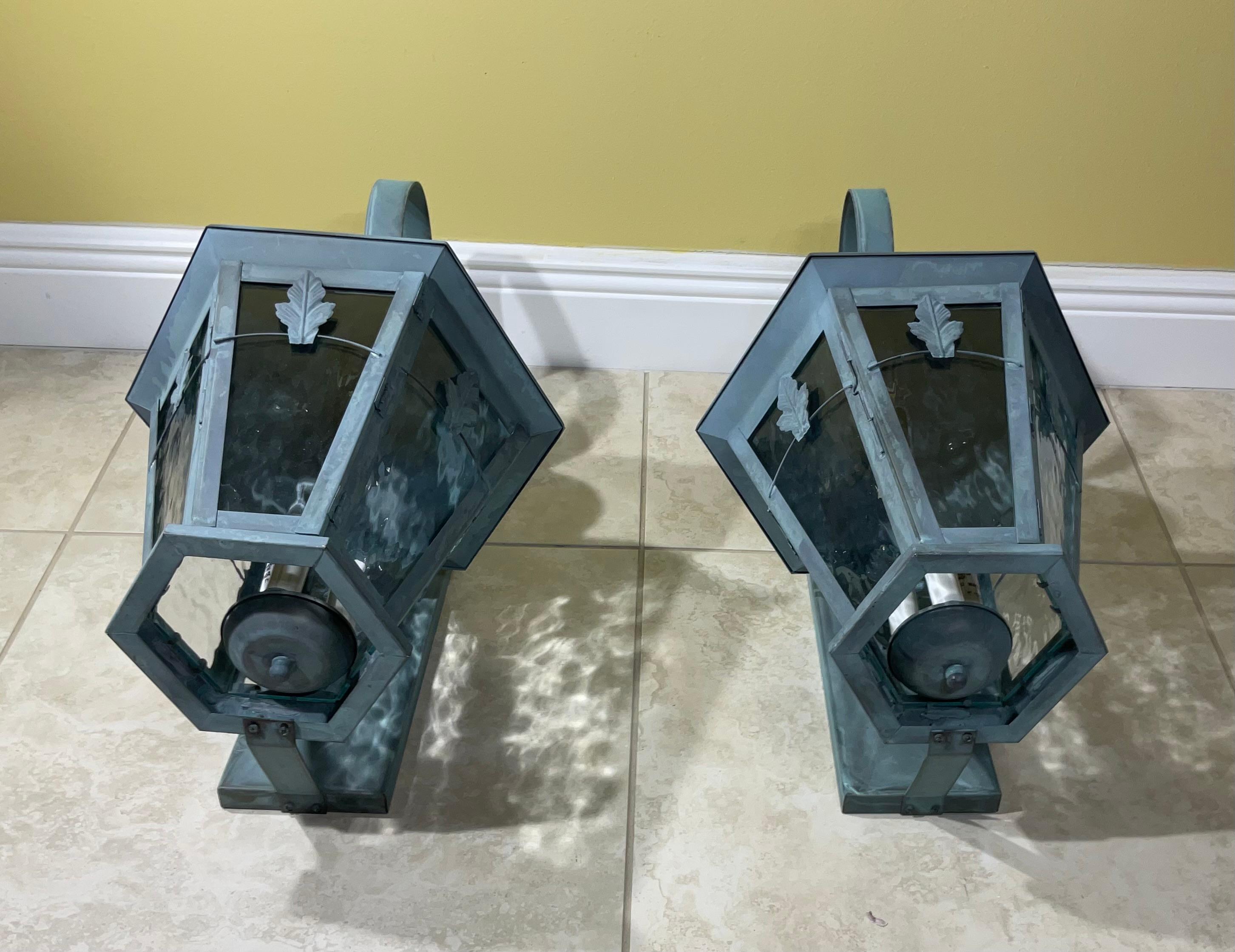 Large Pair of Handcrafted Solid Brass Wall Lanterns For Sale 4