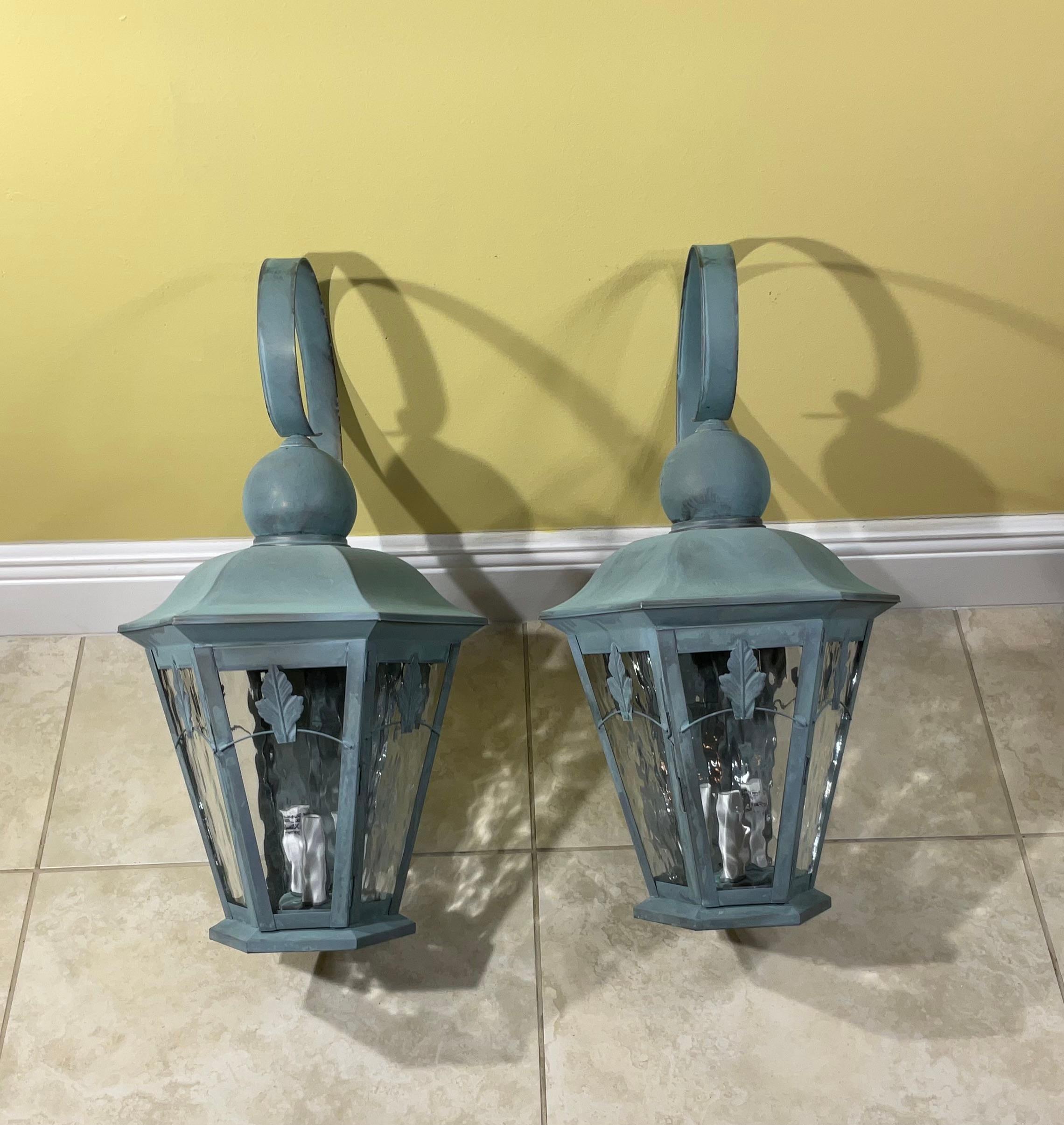 Large Pair of Handcrafted Solid Brass Wall Lanterns For Sale 5