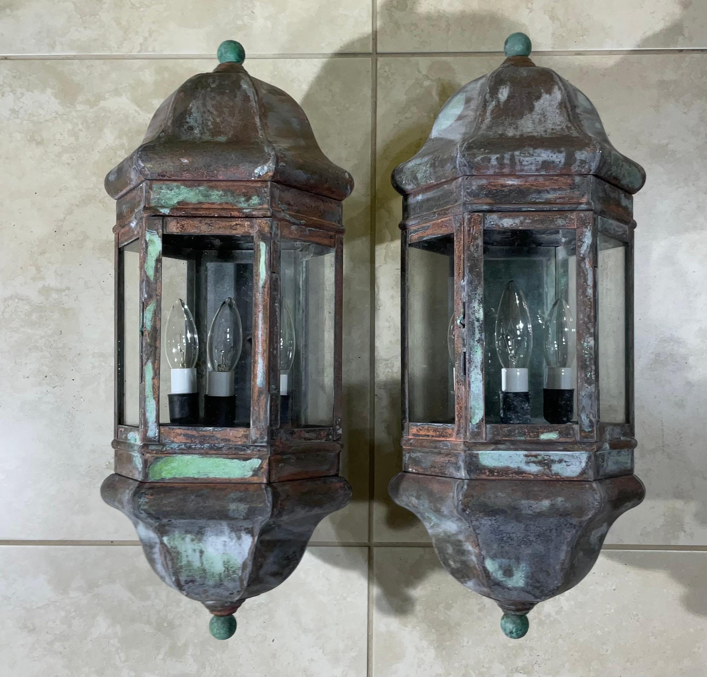 Large Pair of Handcrafted Solid Brass Wall Lanterns For Sale 6