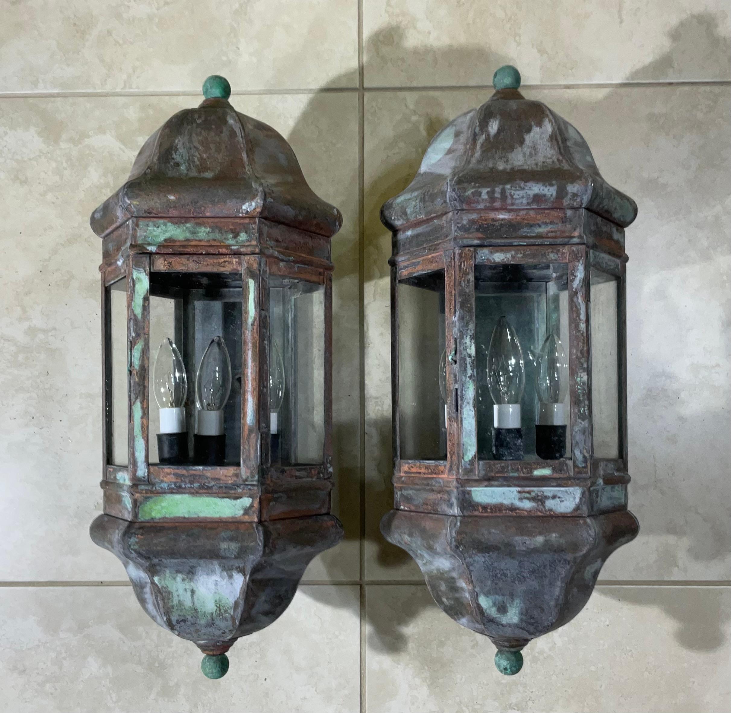 Large Pair of Handcrafted Solid Brass Wall Lanterns For Sale 7