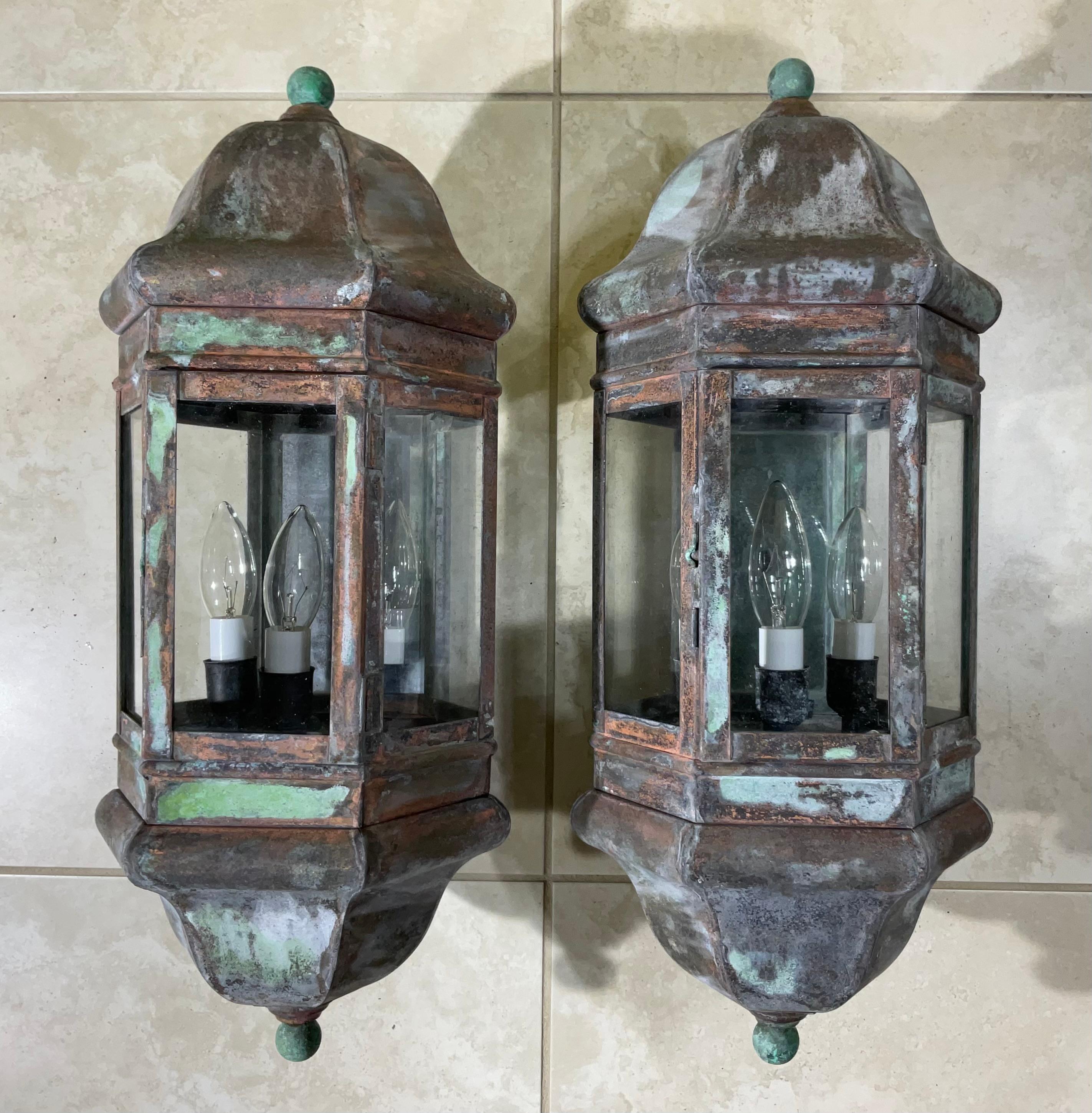 Large Pair of Handcrafted Solid Brass Wall Lanterns For Sale 8