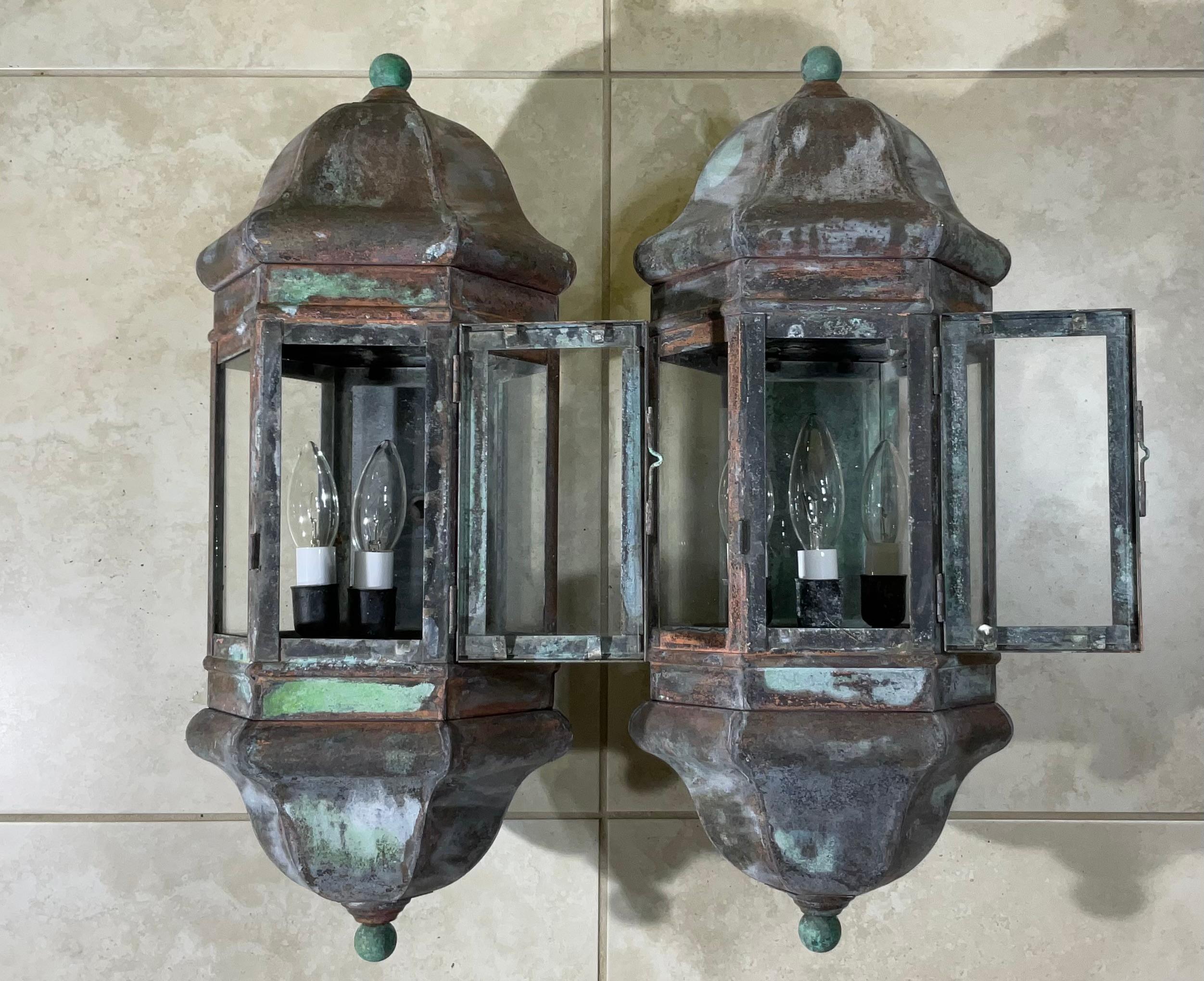 Large Pair of Handcrafted Solid Brass Wall Lanterns For Sale 9