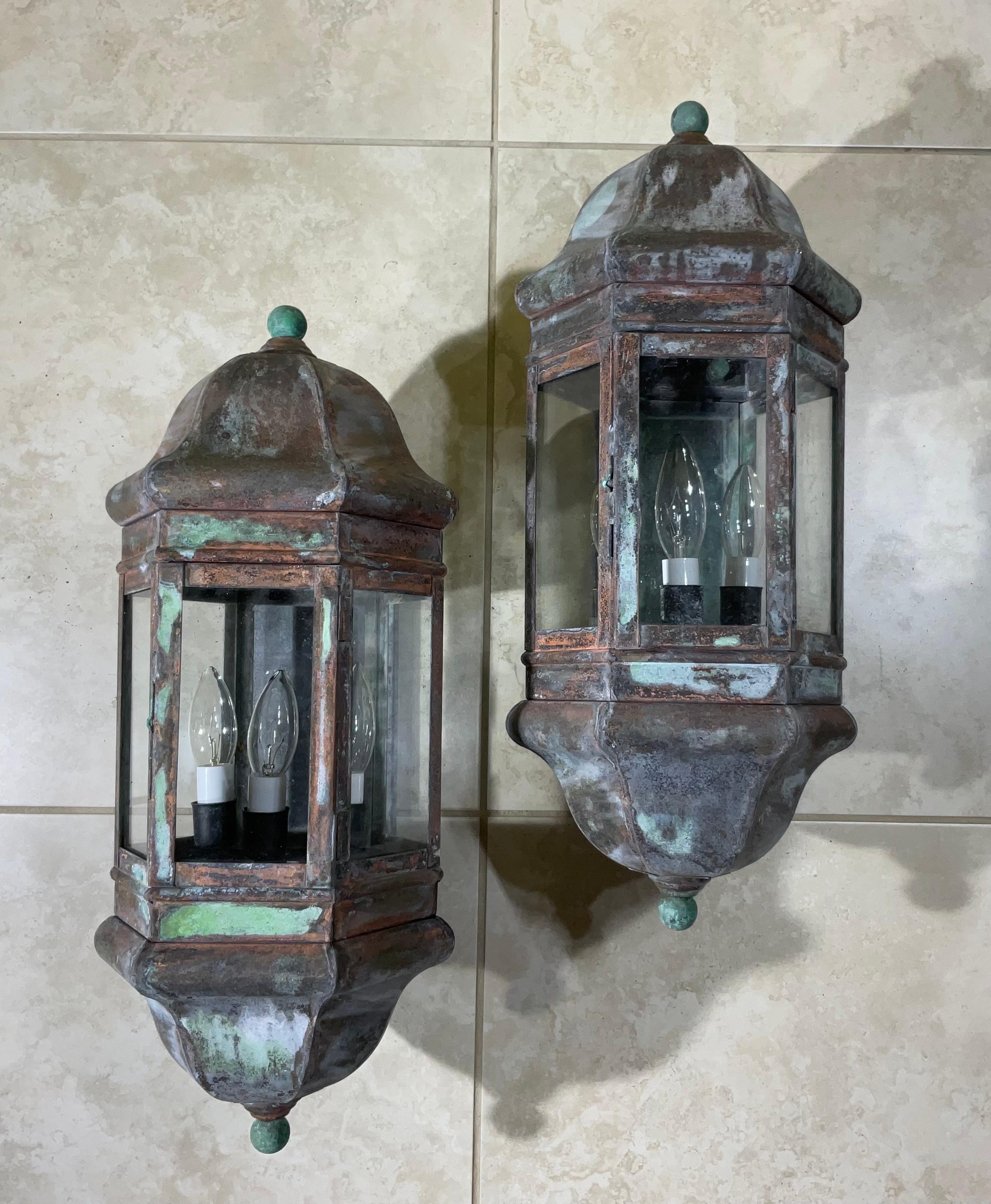 Large Pair of Handcrafted Solid Brass Wall Lanterns For Sale 11
