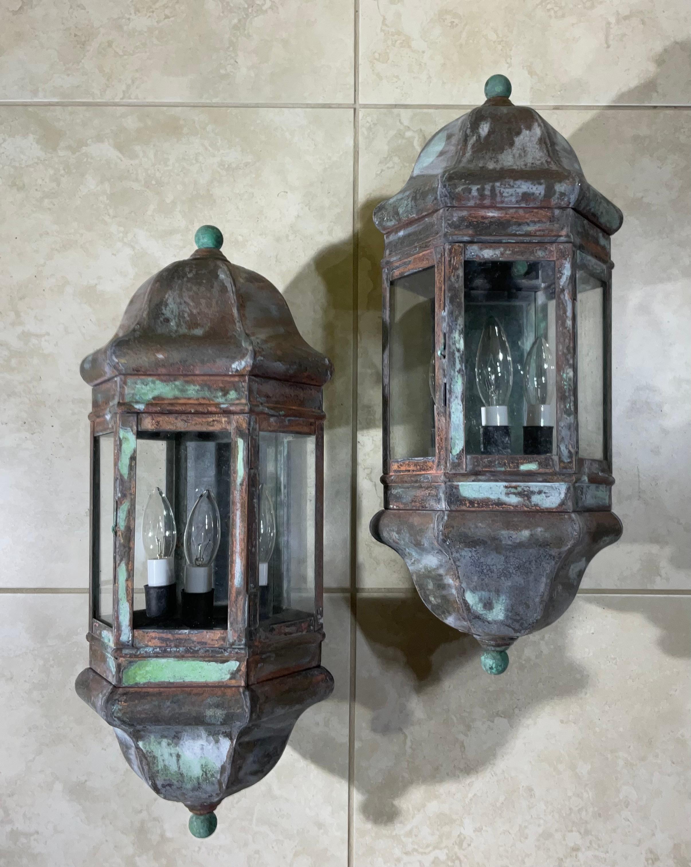 Large Pair of Handcrafted Solid Brass Wall Lanterns For Sale 12