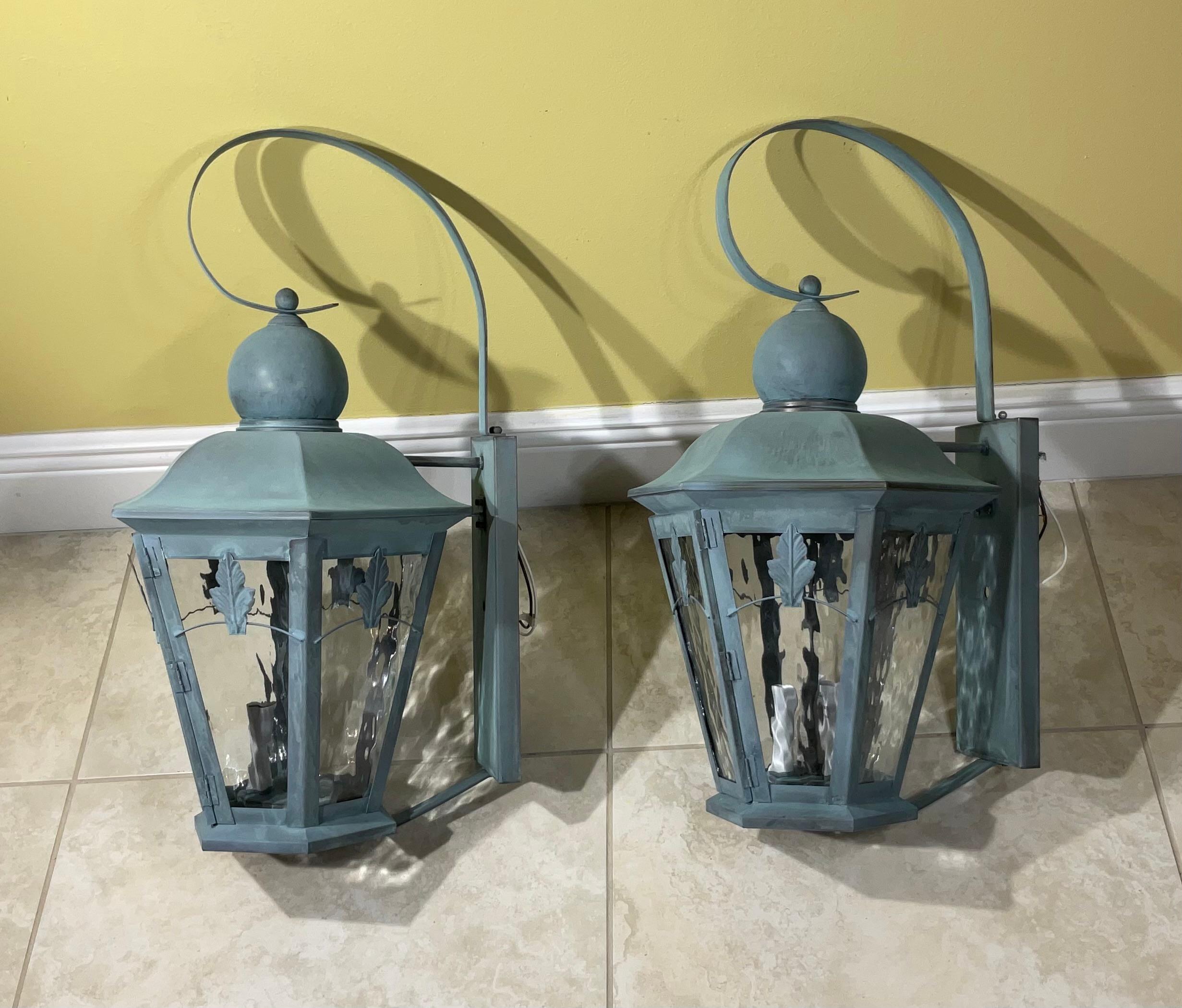 American Large Pair of Handcrafted Solid Brass Wall Lanterns For Sale