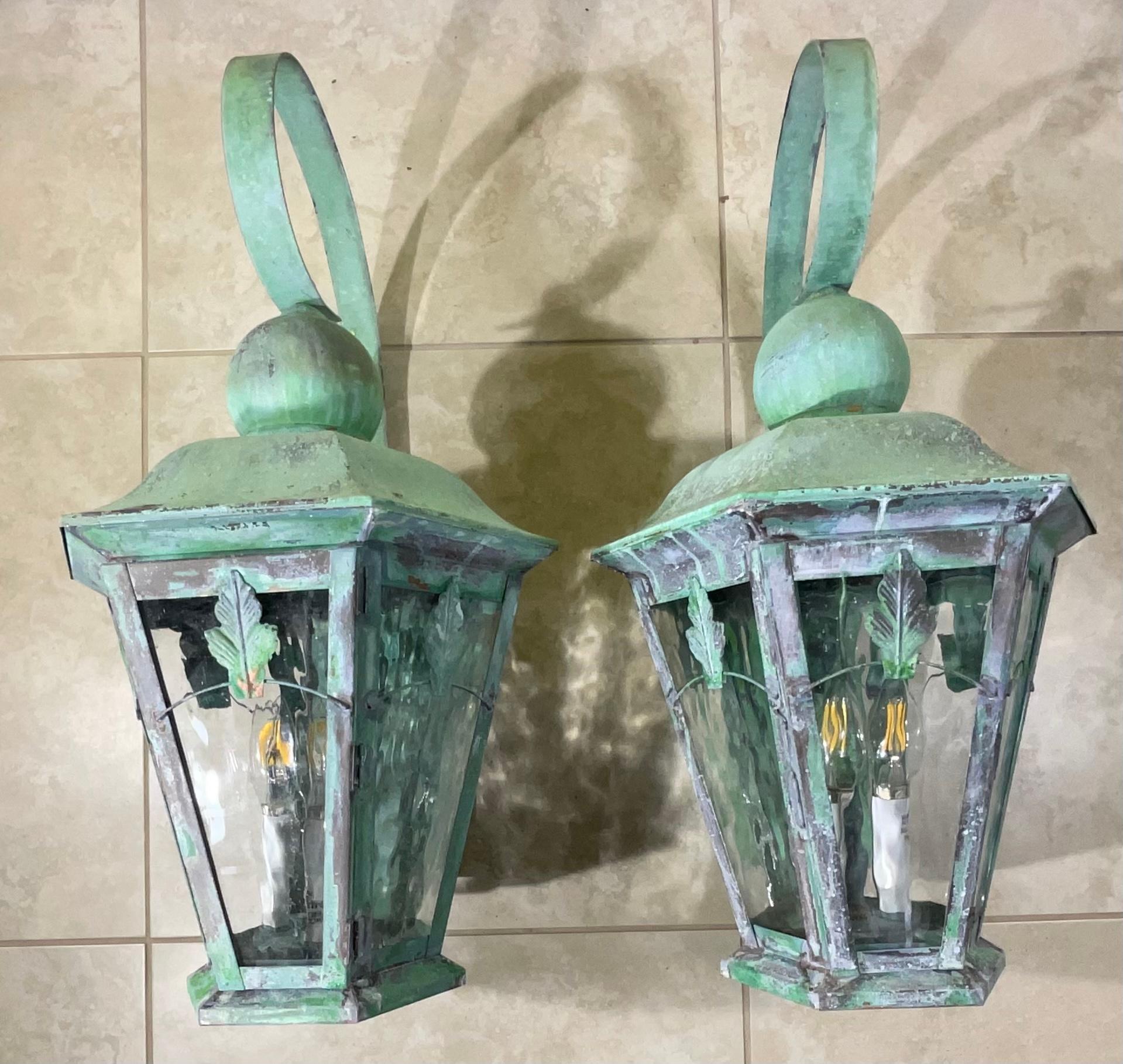 American Large Pair of Handcrafted Solid Brass Wall Lanterns