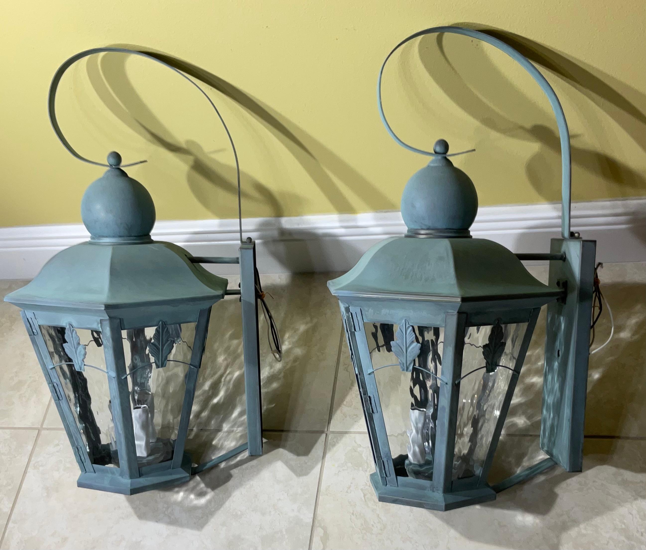 Hand-Crafted Large Pair of Handcrafted Solid Brass Wall Lanterns For Sale