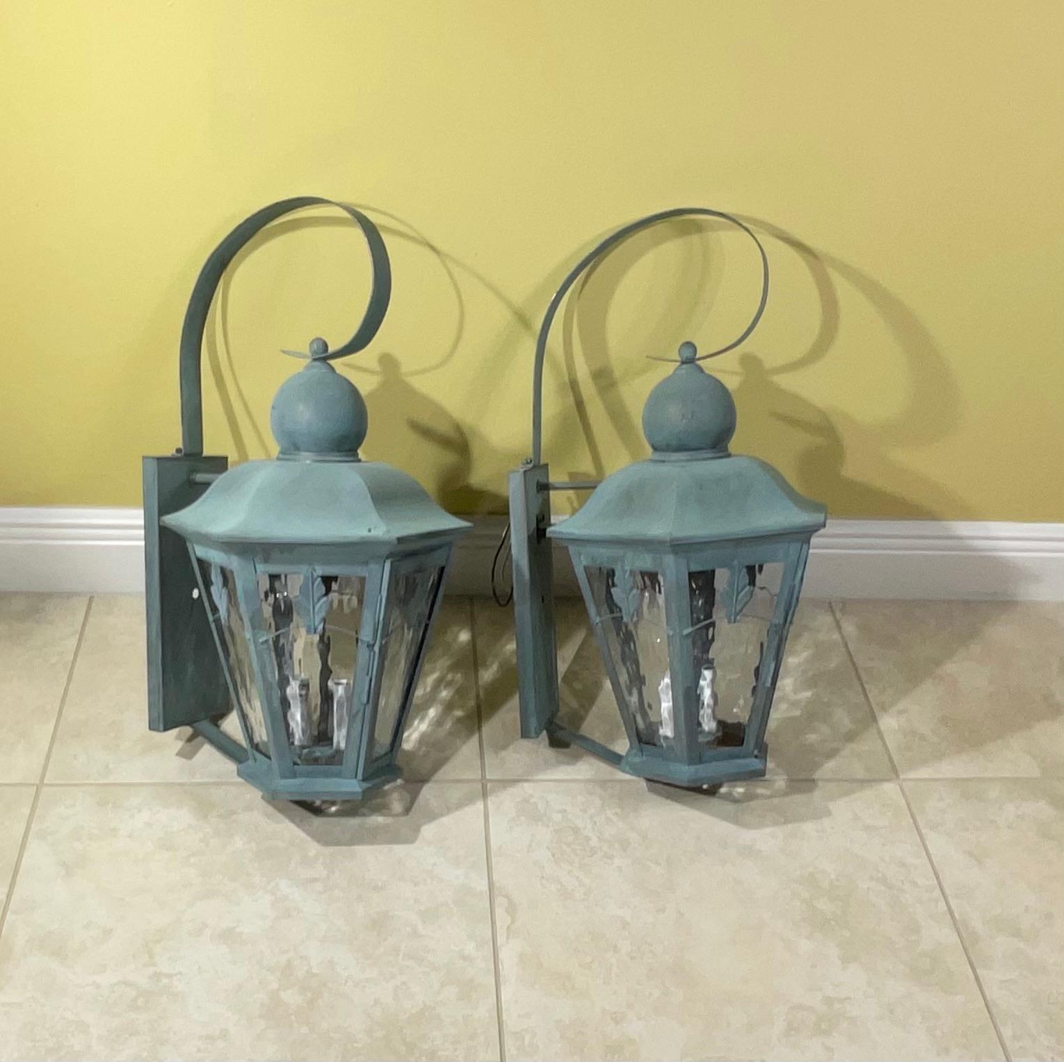 Large Pair of Handcrafted Solid Brass Wall Lanterns In Good Condition For Sale In Delray Beach, FL