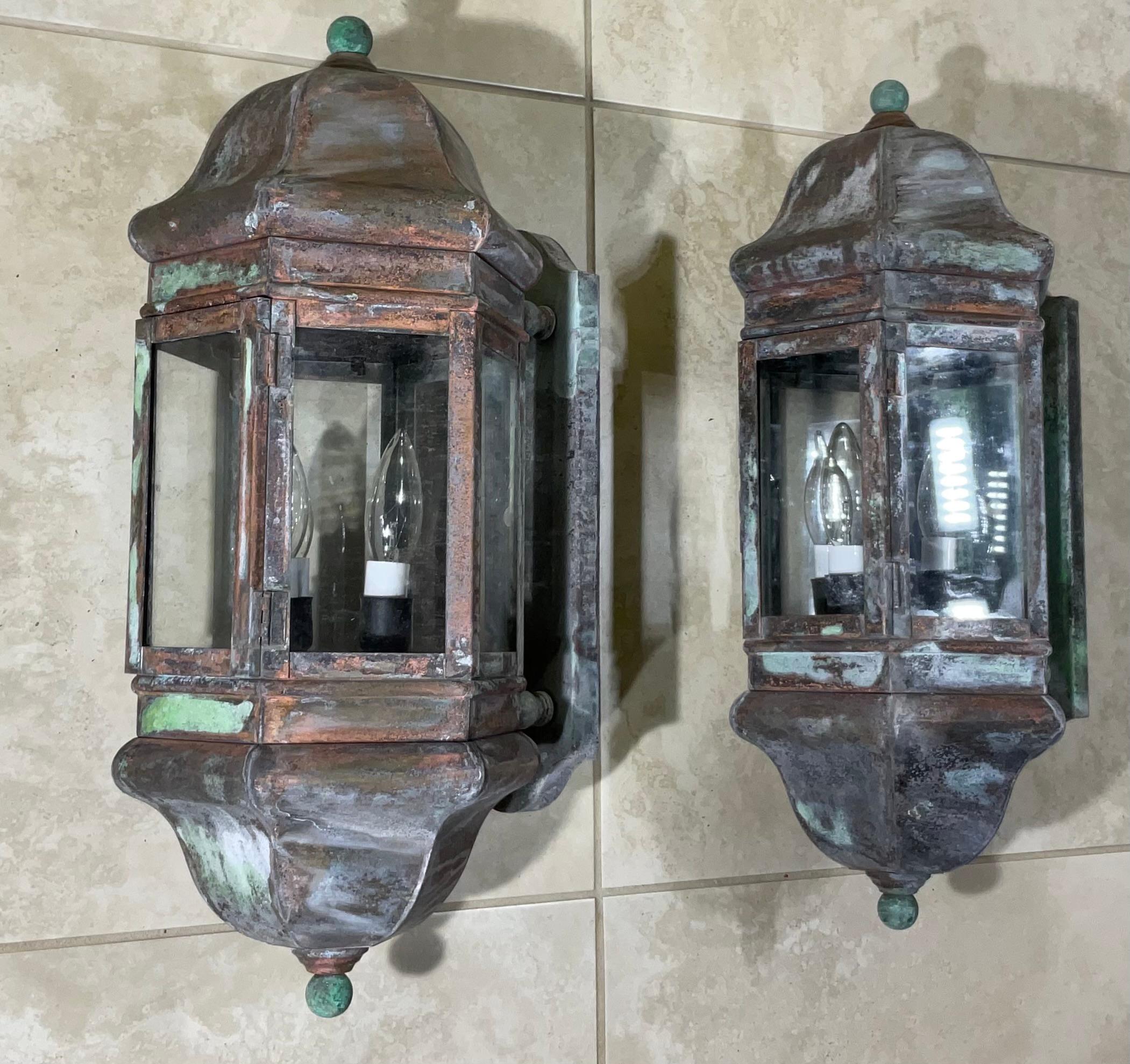 20th Century Large Pair of Handcrafted Solid Brass Wall Lanterns For Sale