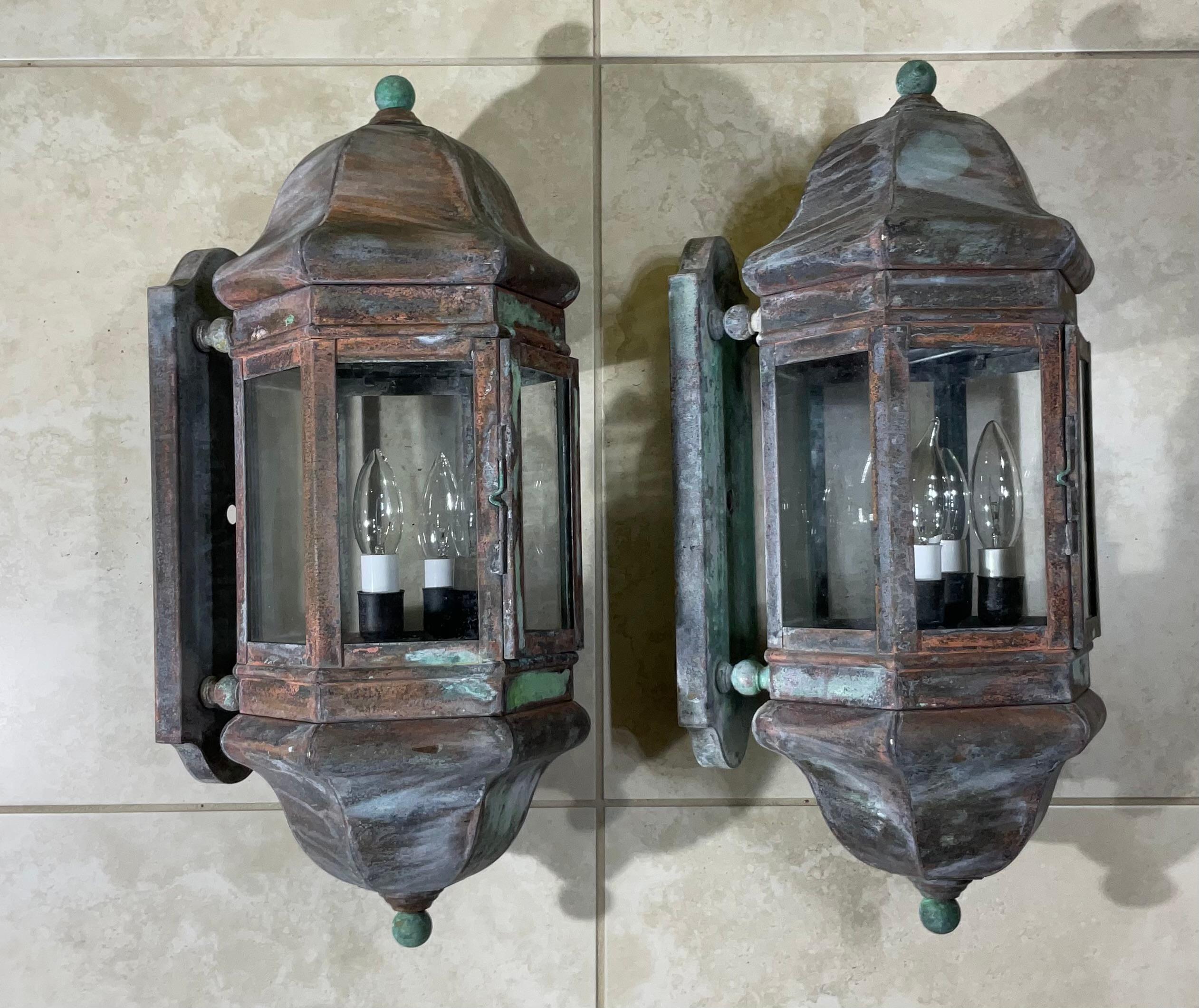 Large Pair of Handcrafted Solid Brass Wall Lanterns For Sale 2