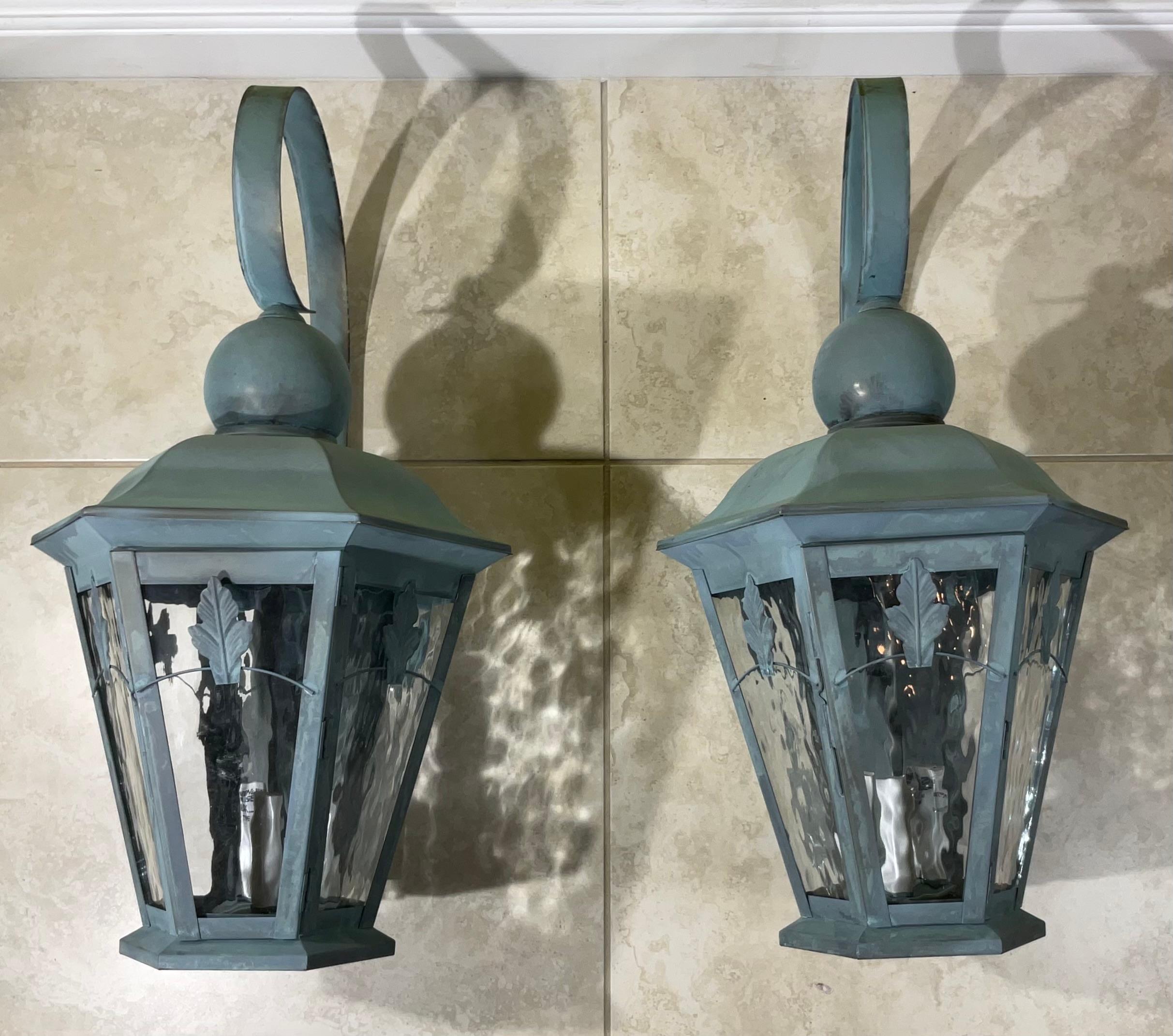 Large Pair of Handcrafted Solid Brass Wall Lanterns For Sale 3