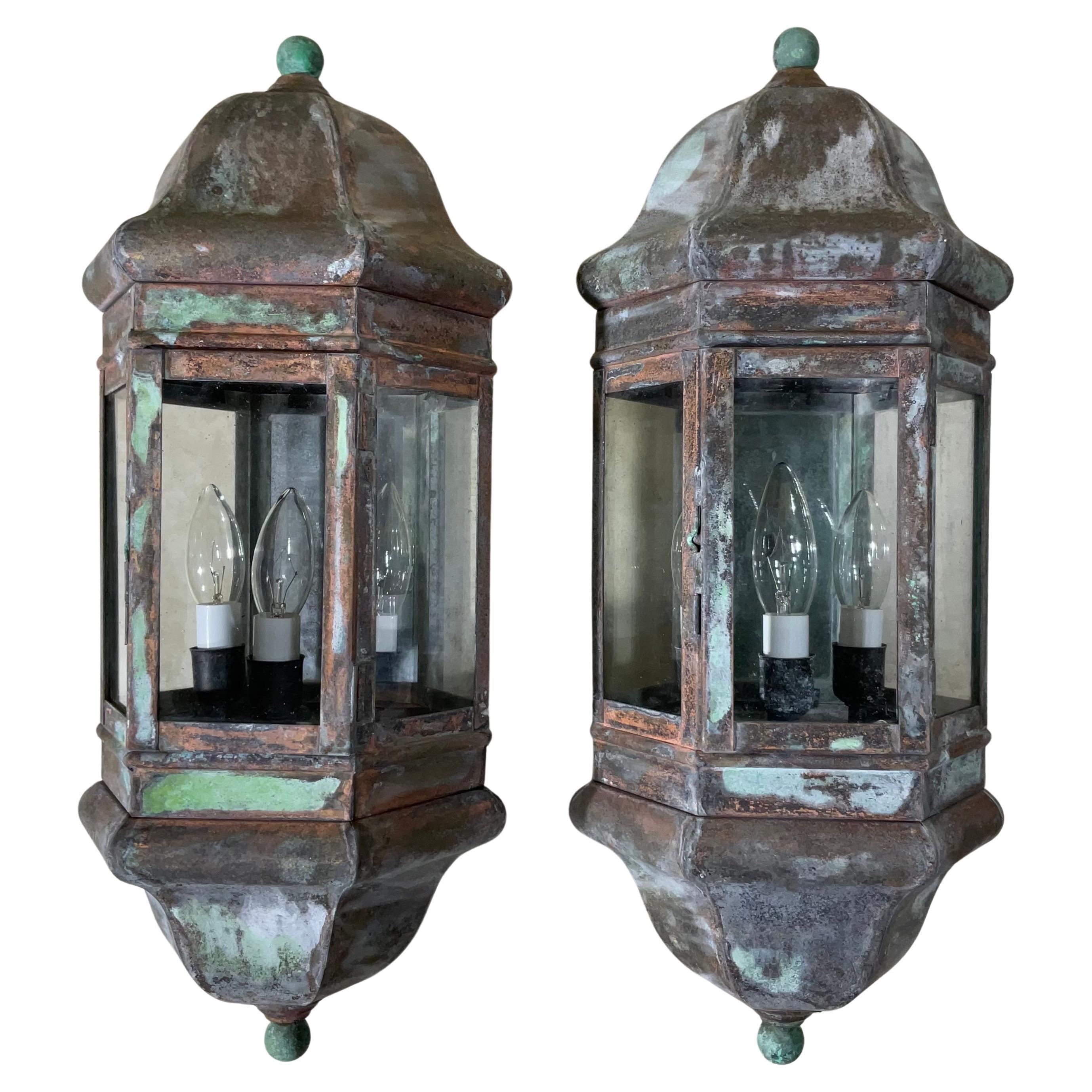 Large Pair of Handcrafted Solid Brass Wall Lanterns For Sale