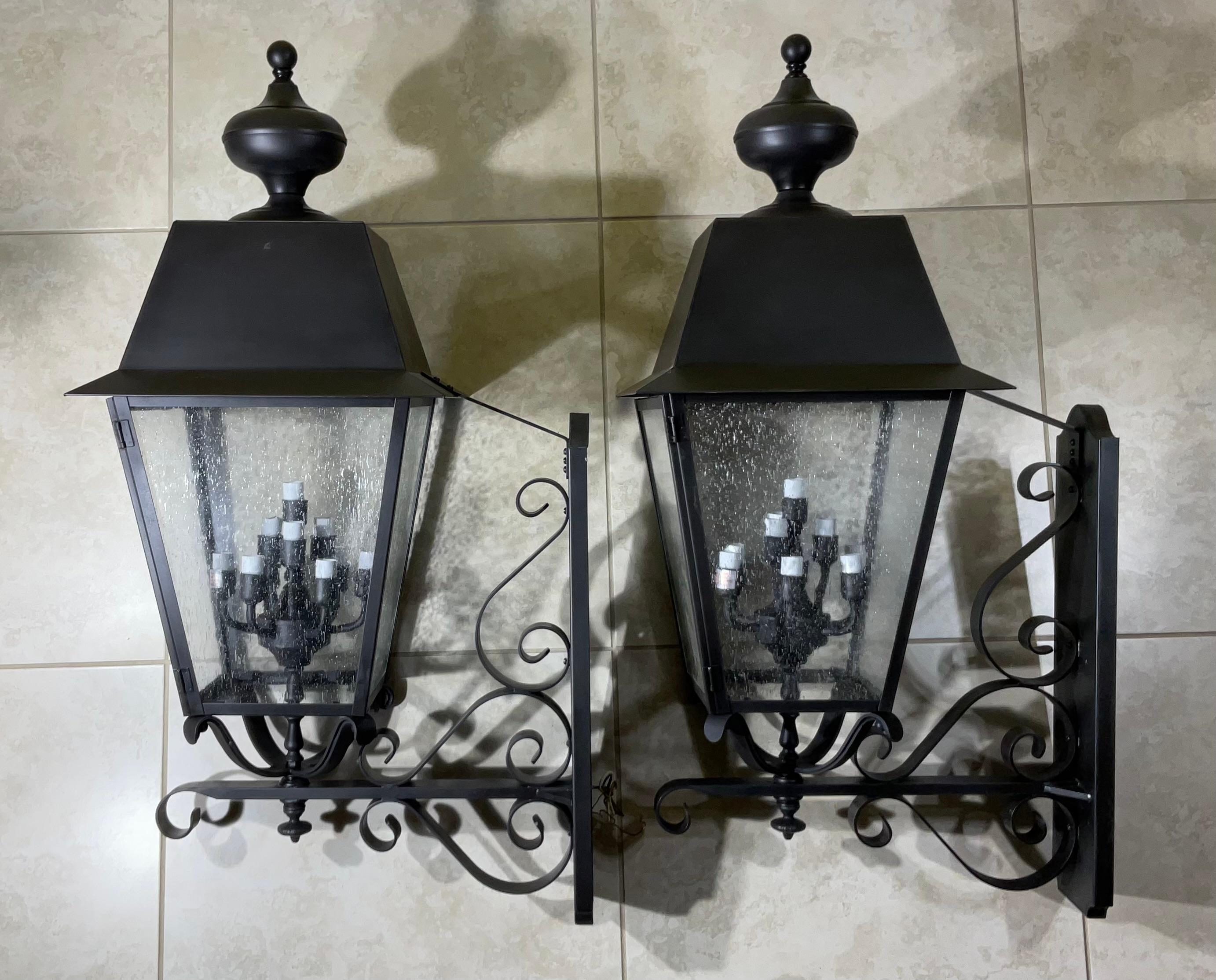 Large Pair of Handcrafted Solid Brass Wall-Mounted Lantern 36”x 14”x 19”.25 For Sale 4