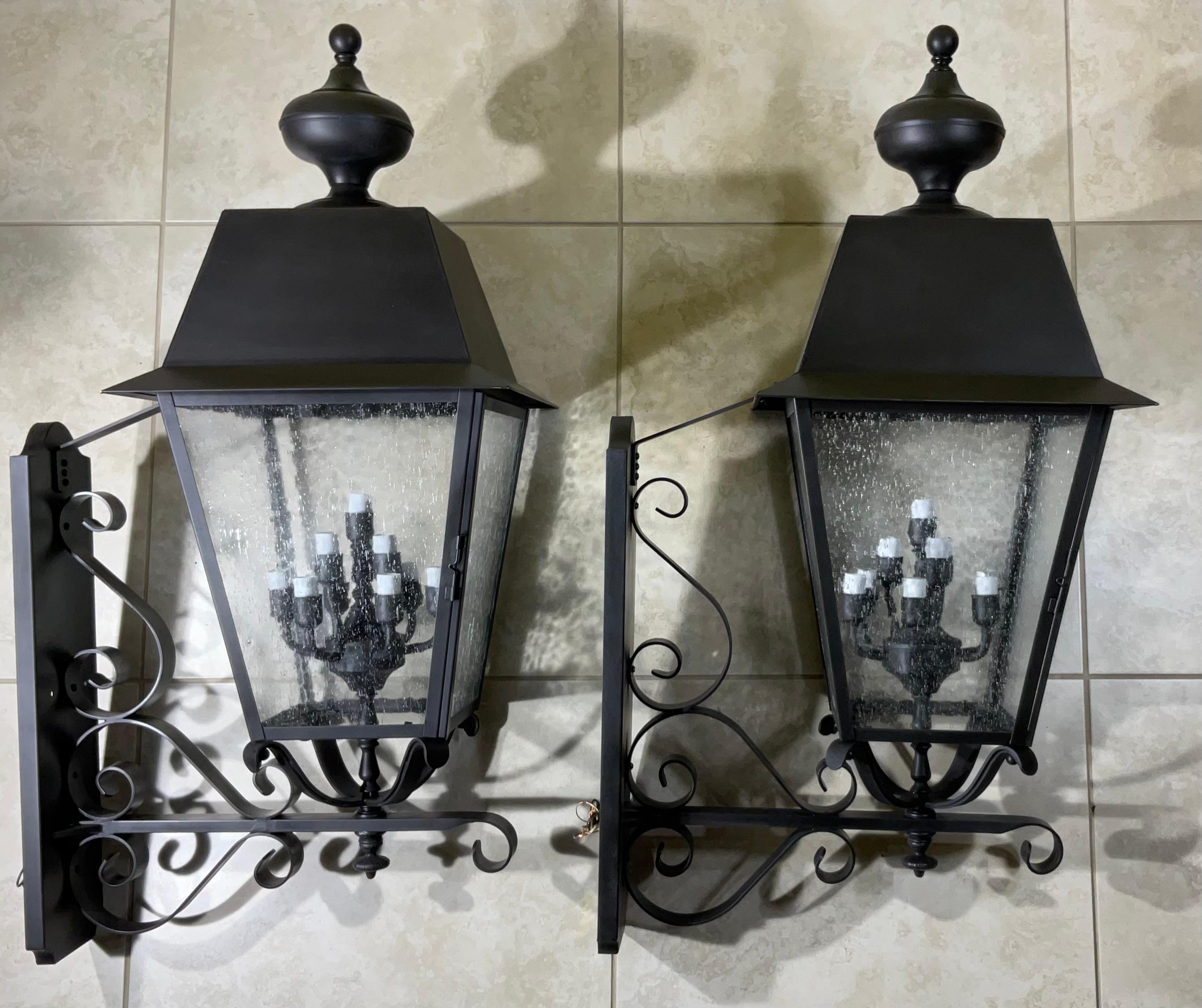 Large Pair of Handcrafted Solid Brass Wall-Mounted Lantern 36”x 14”x 19”.25 For Sale 5