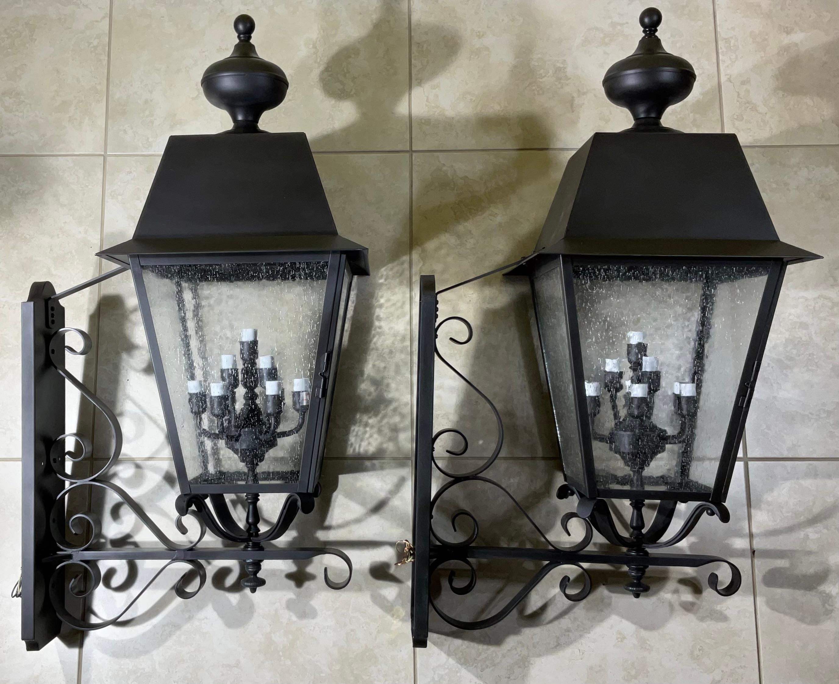 Large Pair of Handcrafted Solid Brass Wall-Mounted Lantern 36”x 14”x 19”.25 For Sale 6