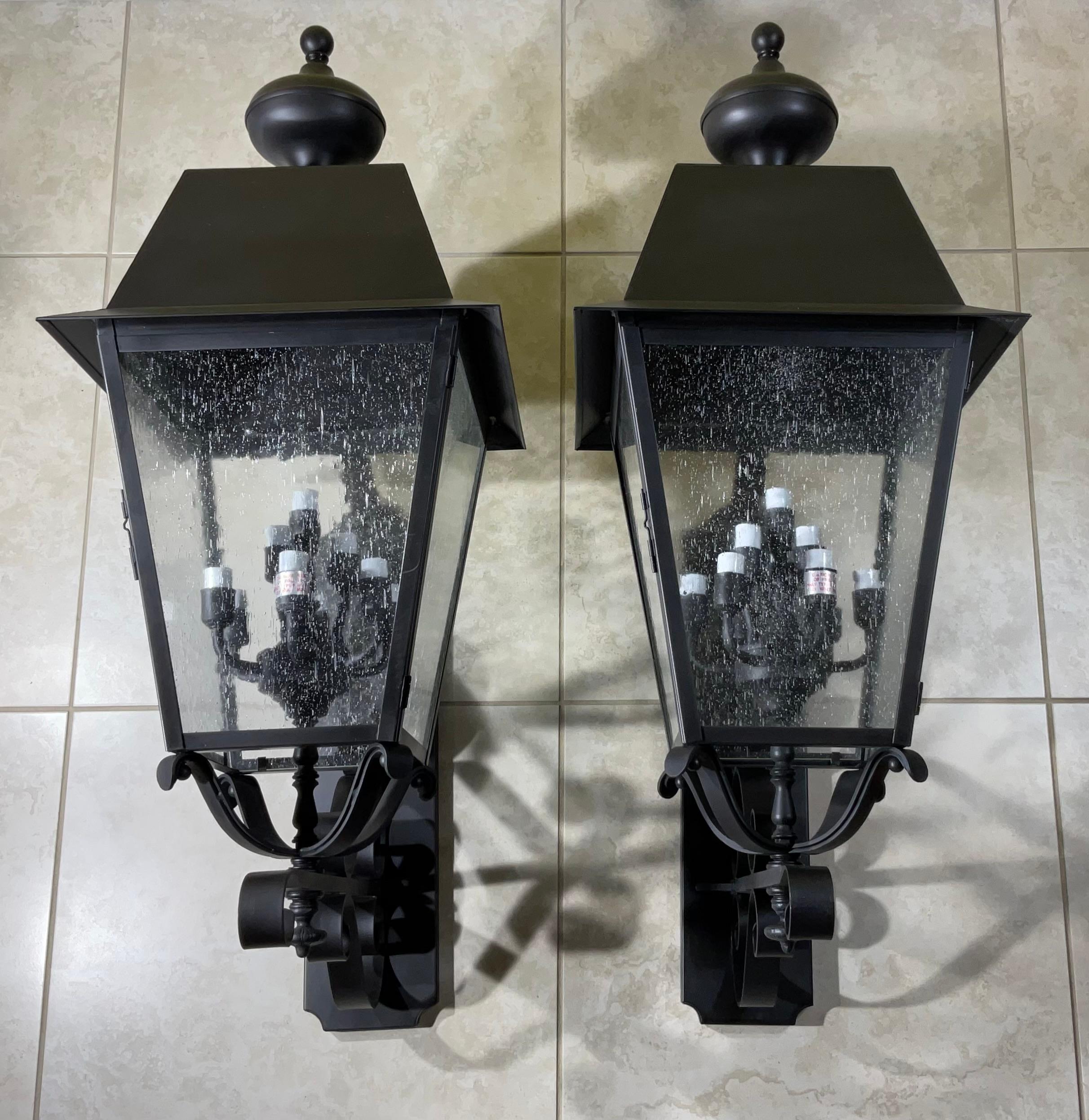 American Large Pair of Handcrafted Solid Brass Wall-Mounted Lantern 36”x 14”x 19”.25 For Sale