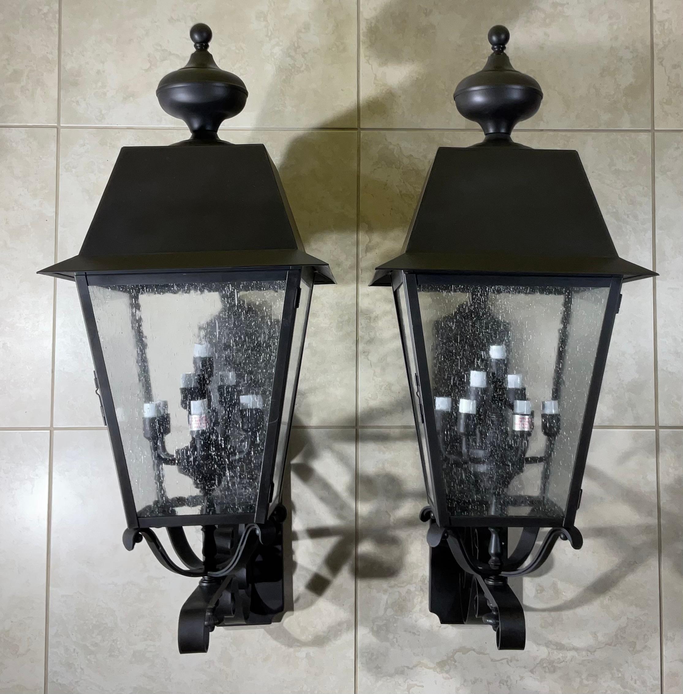 Hand-Crafted Large Pair of Handcrafted Solid Brass Wall-Mounted Lantern 36”x 14”x 19”.25 For Sale