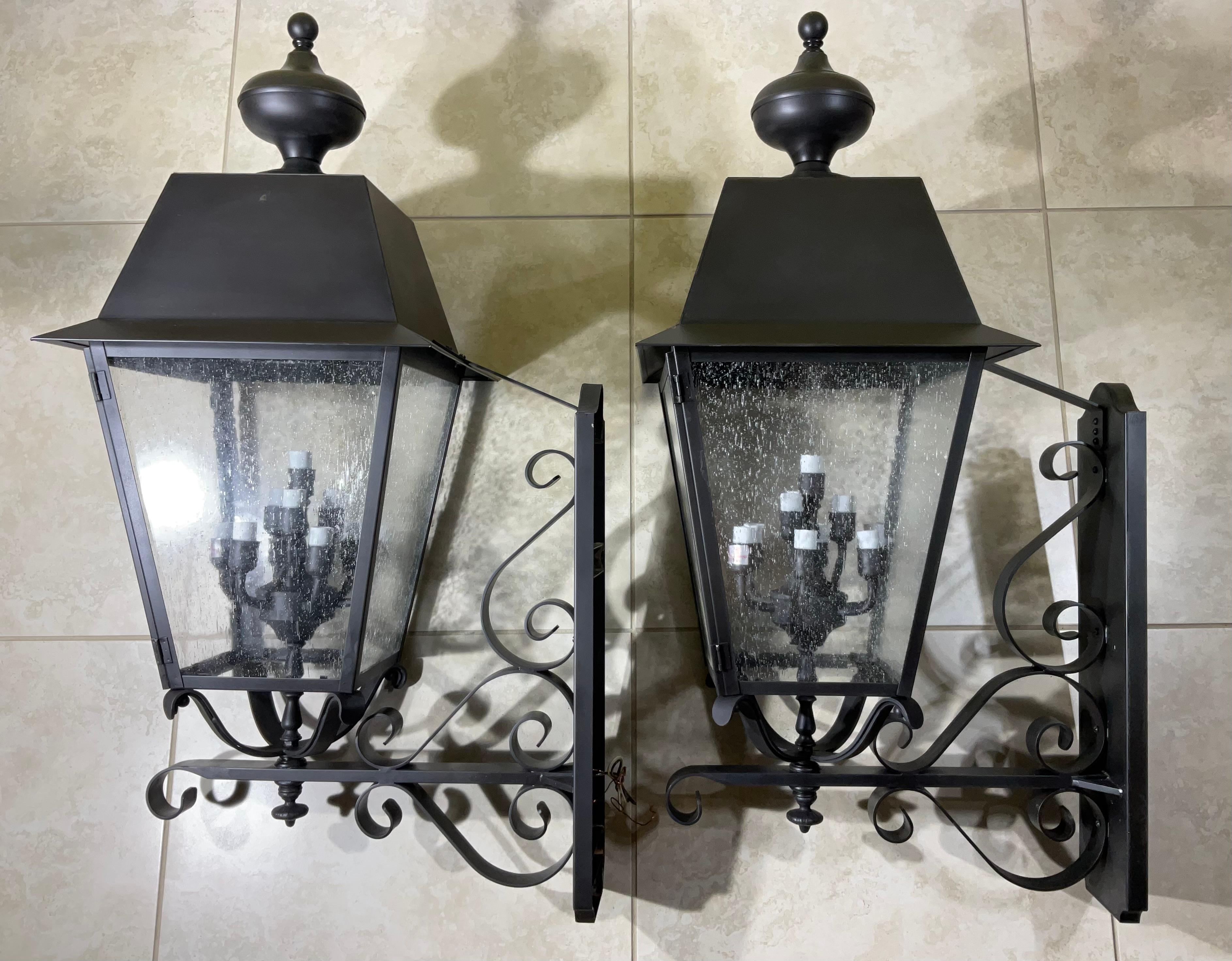 Large Pair of Handcrafted Solid Brass Wall-Mounted Lantern 36”x 14”x 19”.25 For Sale 1