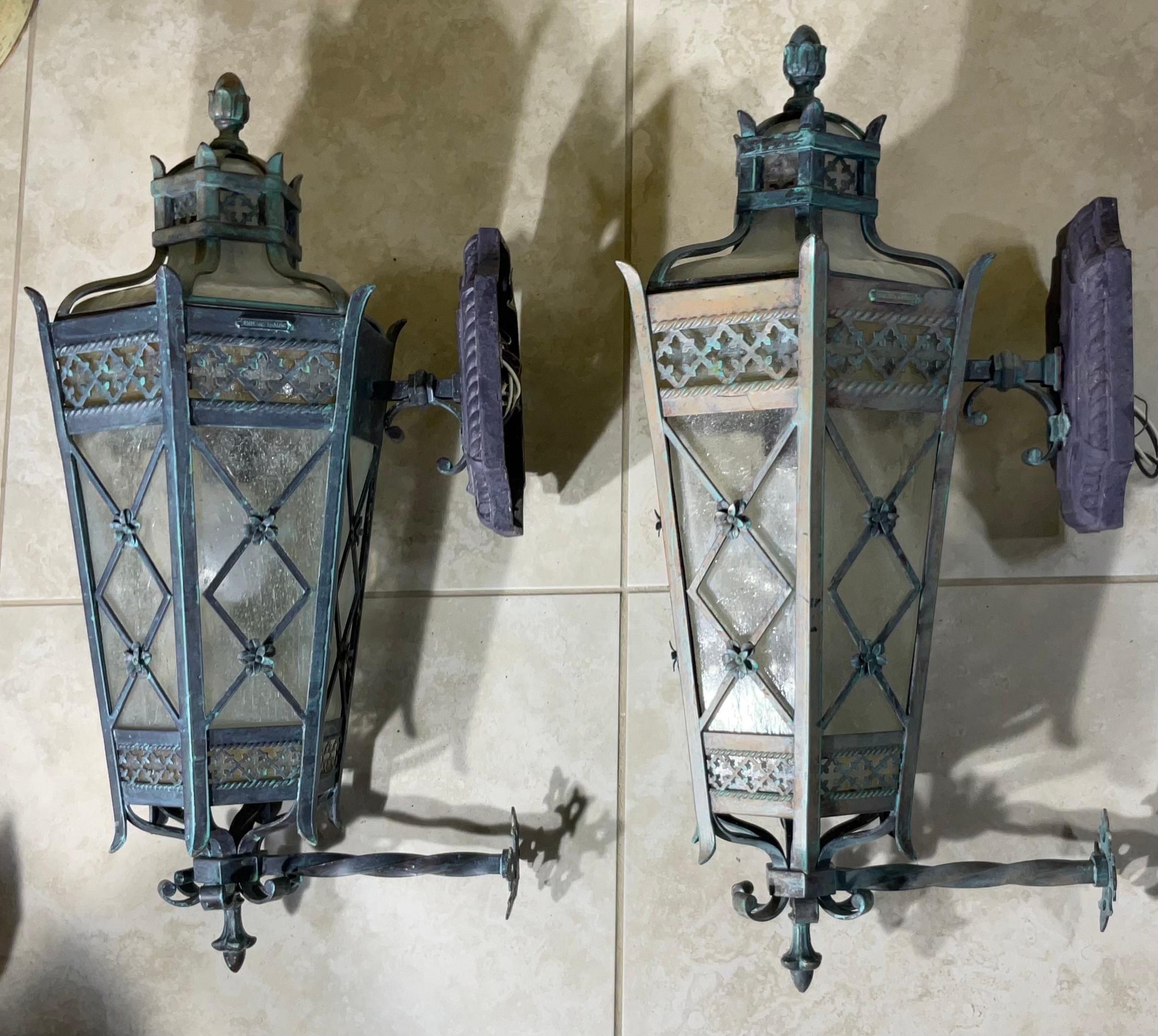Large Pair of Handcrafted Wall-Mounted Solid Brass Lanterns / Sconces For Sale 4