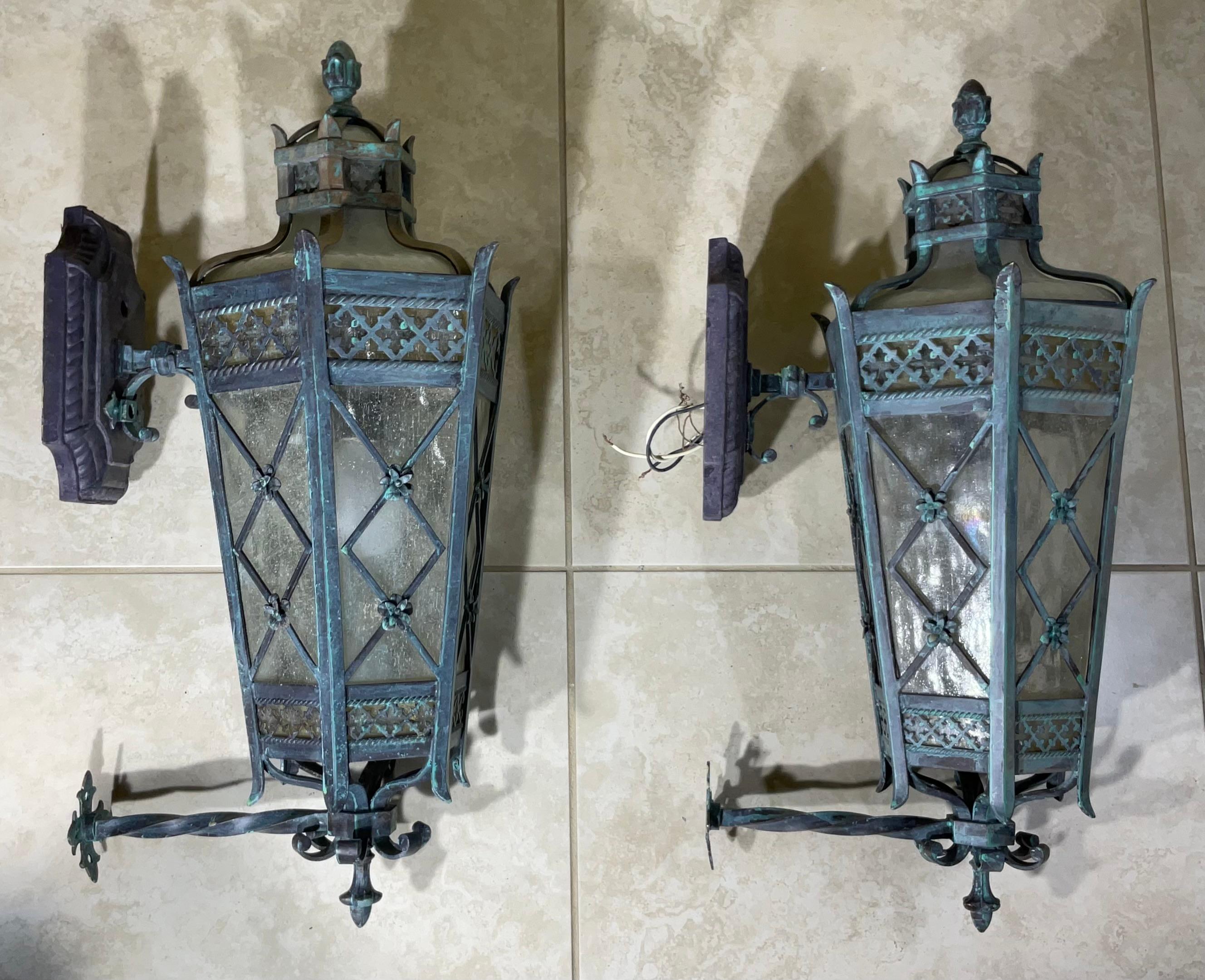 Large Pair of Handcrafted Wall-Mounted Solid Brass Lanterns / Sconces For Sale 5