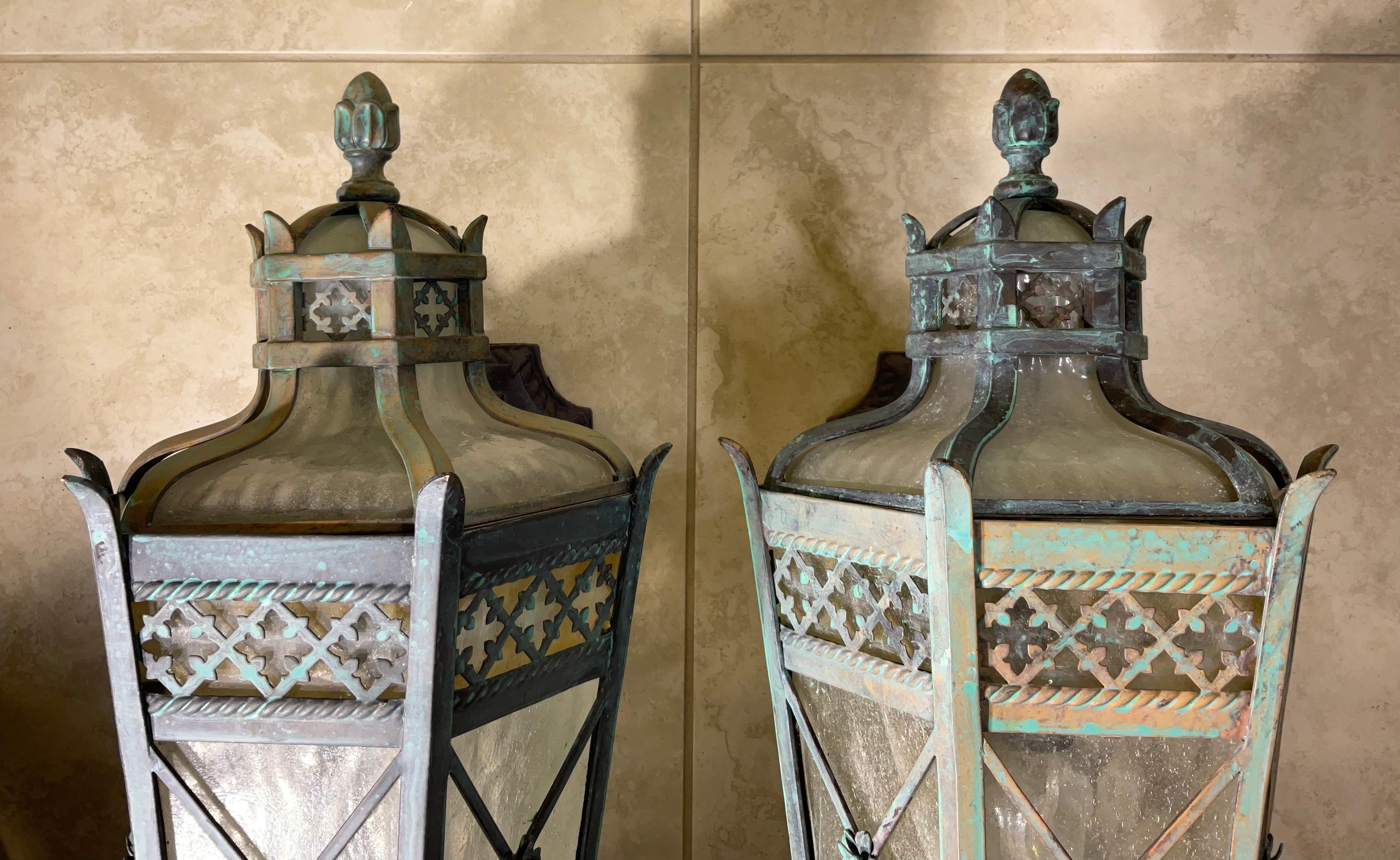 Large Pair of Handcrafted Wall-Mounted Solid Brass Lanterns / Sconces For Sale 6