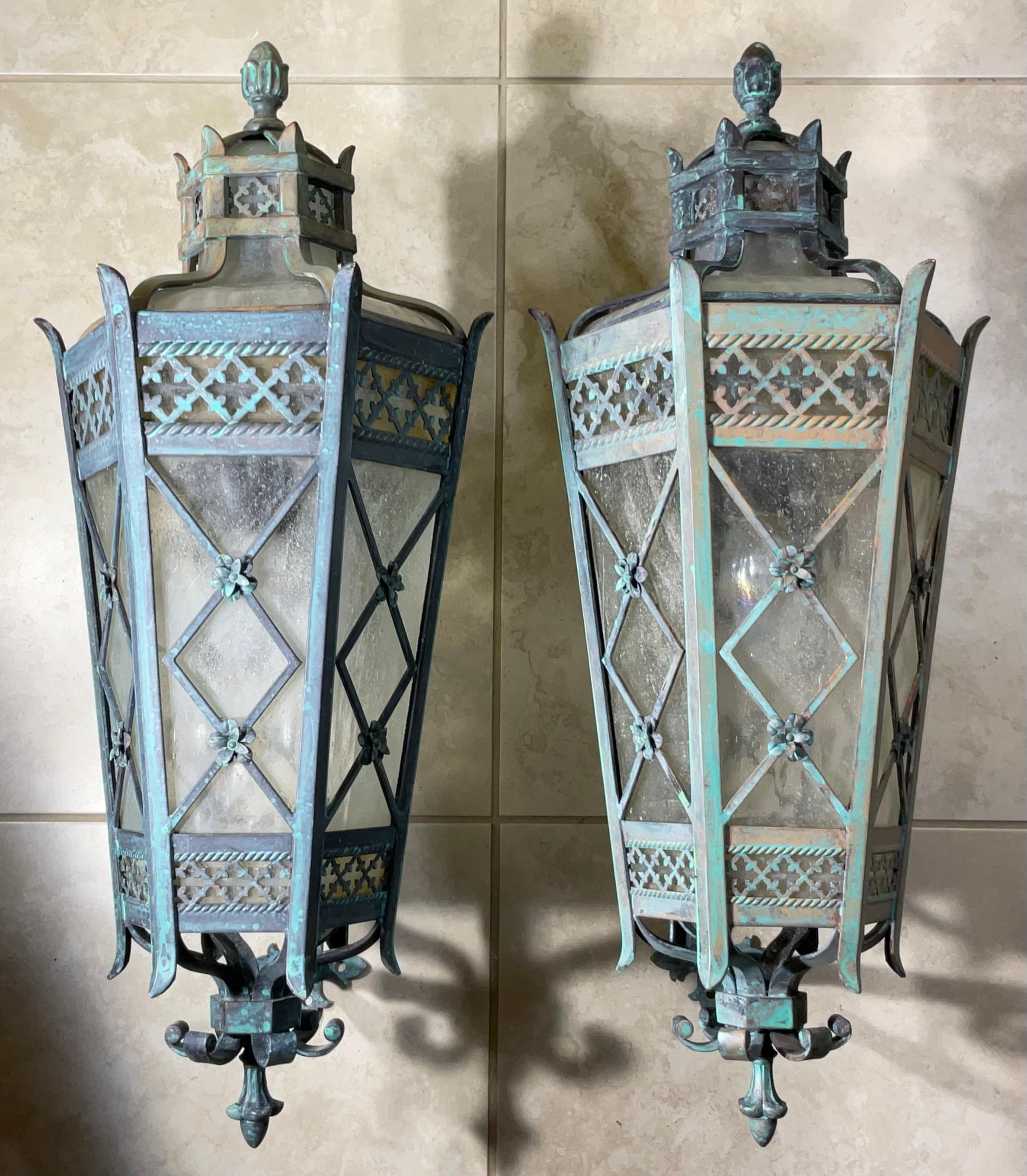 Large Pair of Handcrafted Wall-Mounted Solid Brass Lanterns / Sconces For Sale 8
