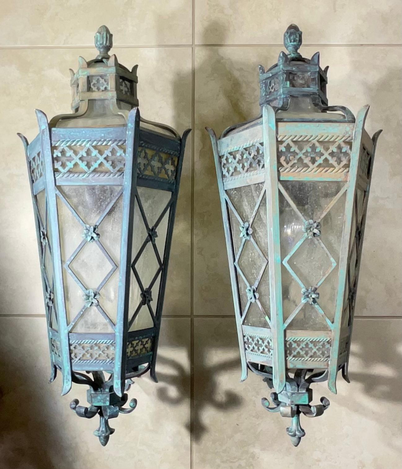 Large Pair of Handcrafted Wall-Mounted Solid Brass Lanterns / Sconces For Sale 9