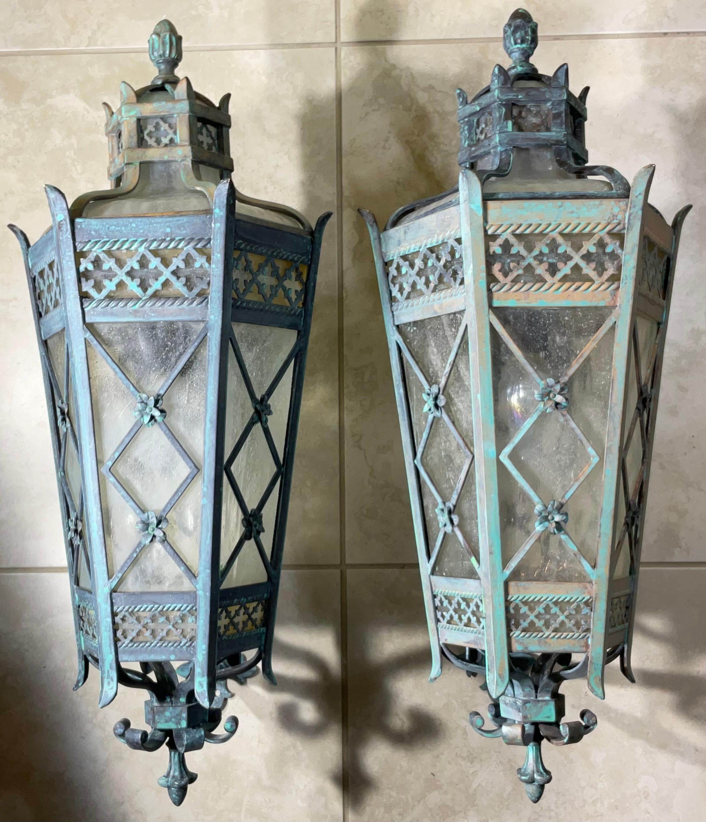 Large Pair of Handcrafted Wall-Mounted Solid Brass Lanterns / Sconces For Sale 10