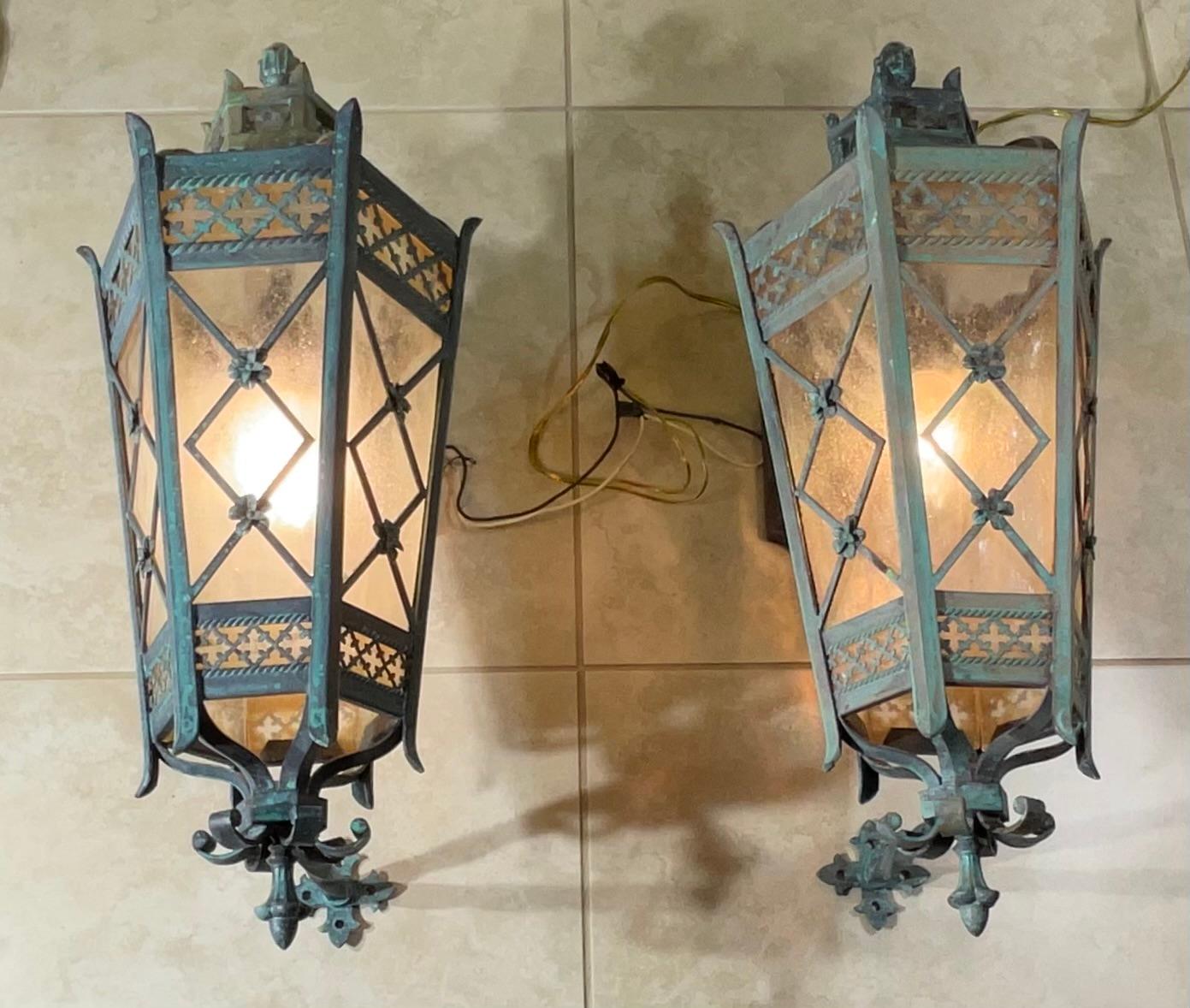 Large Pair of Handcrafted Wall-Mounted Solid Brass Lanterns / Sconces For Sale 11