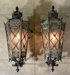 Large Pair of Handcrafted Wall-Mounted Solid Brass Lanterns / Sconces