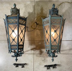 Large Pair of Handcrafted Wall-Mounted Solid Brass Lanterns / Sconces