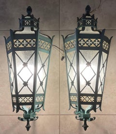 Large Pair of Handcrafted Wall-Mounted Solid Brass Lanterns / Sconces