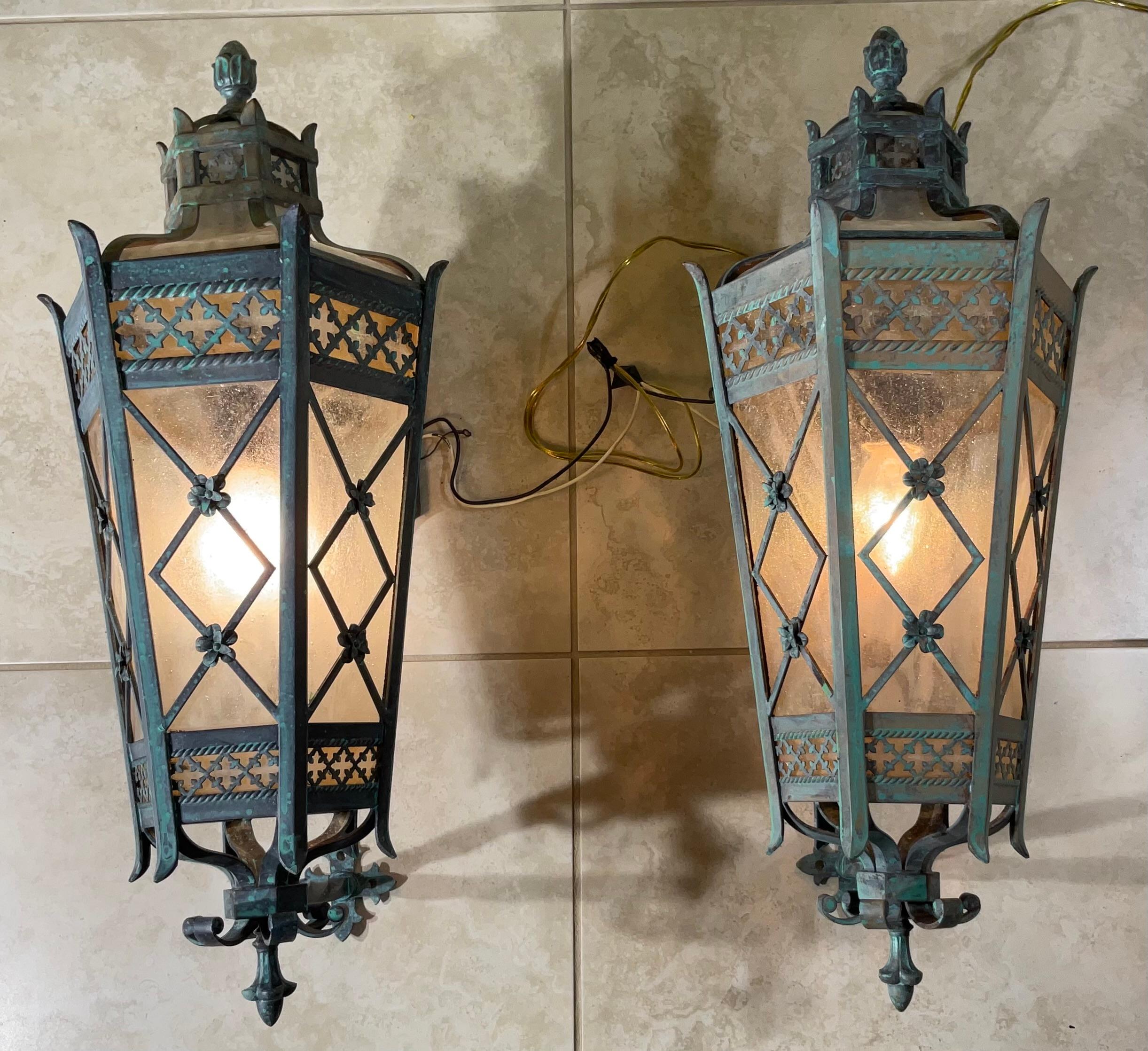 American Large Pair of Handcrafted Wall-Mounted Solid Brass Lanterns / Sconces For Sale