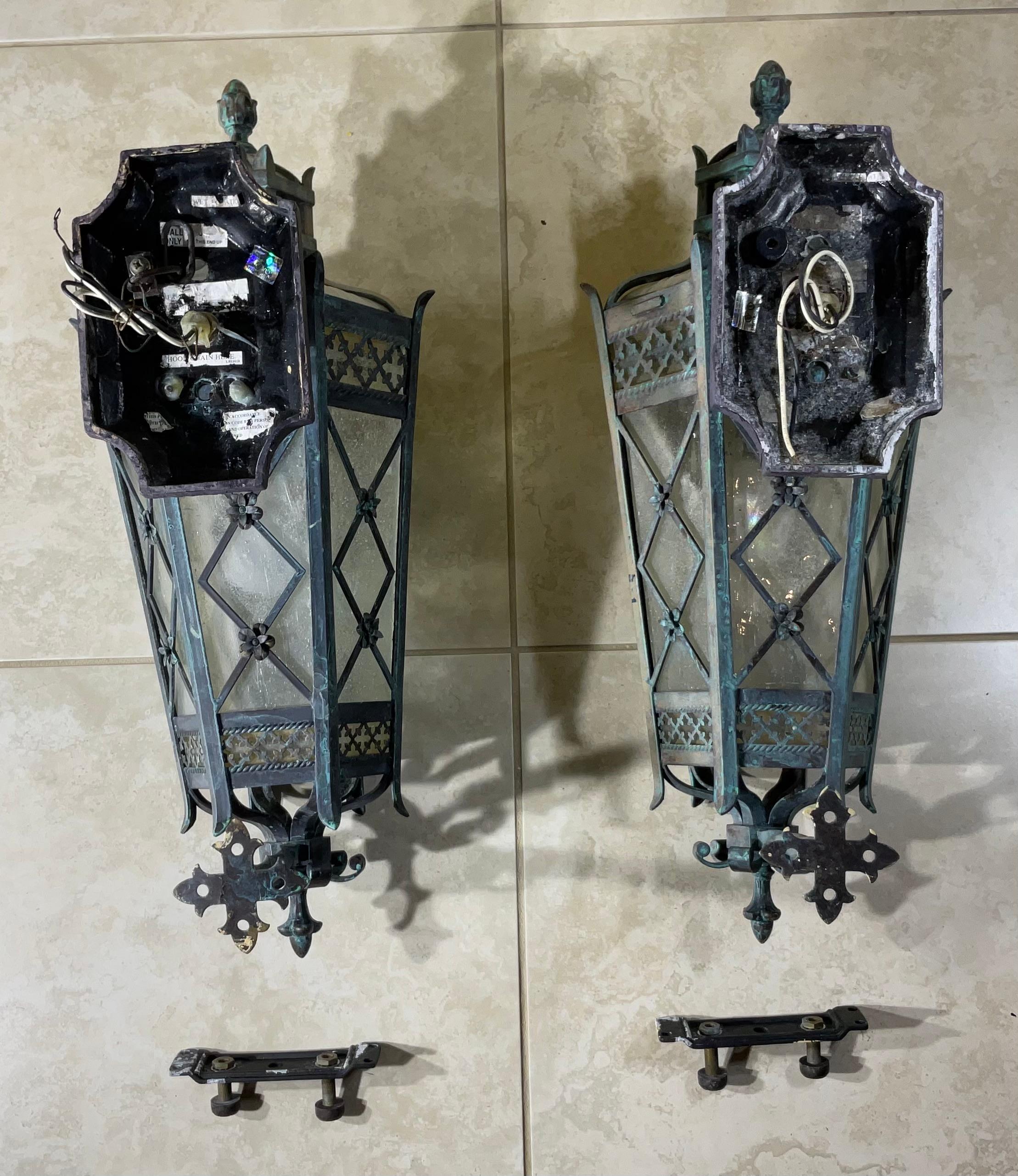 Hand-Crafted Large Pair of Handcrafted Wall-Mounted Solid Brass Lanterns / Sconces For Sale