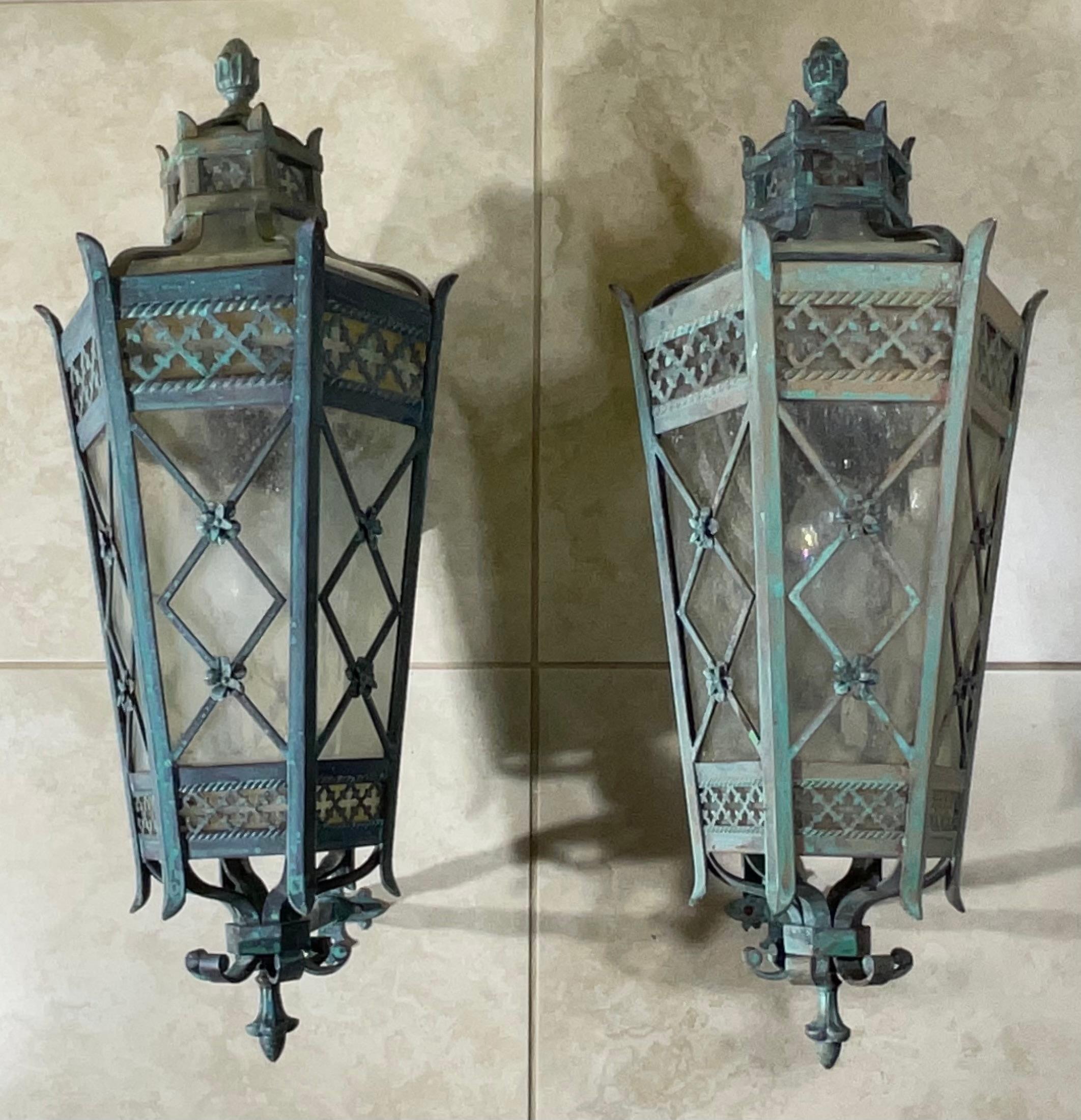 20th Century Large Pair of Handcrafted Wall-Mounted Solid Brass Lanterns / Sconces For Sale