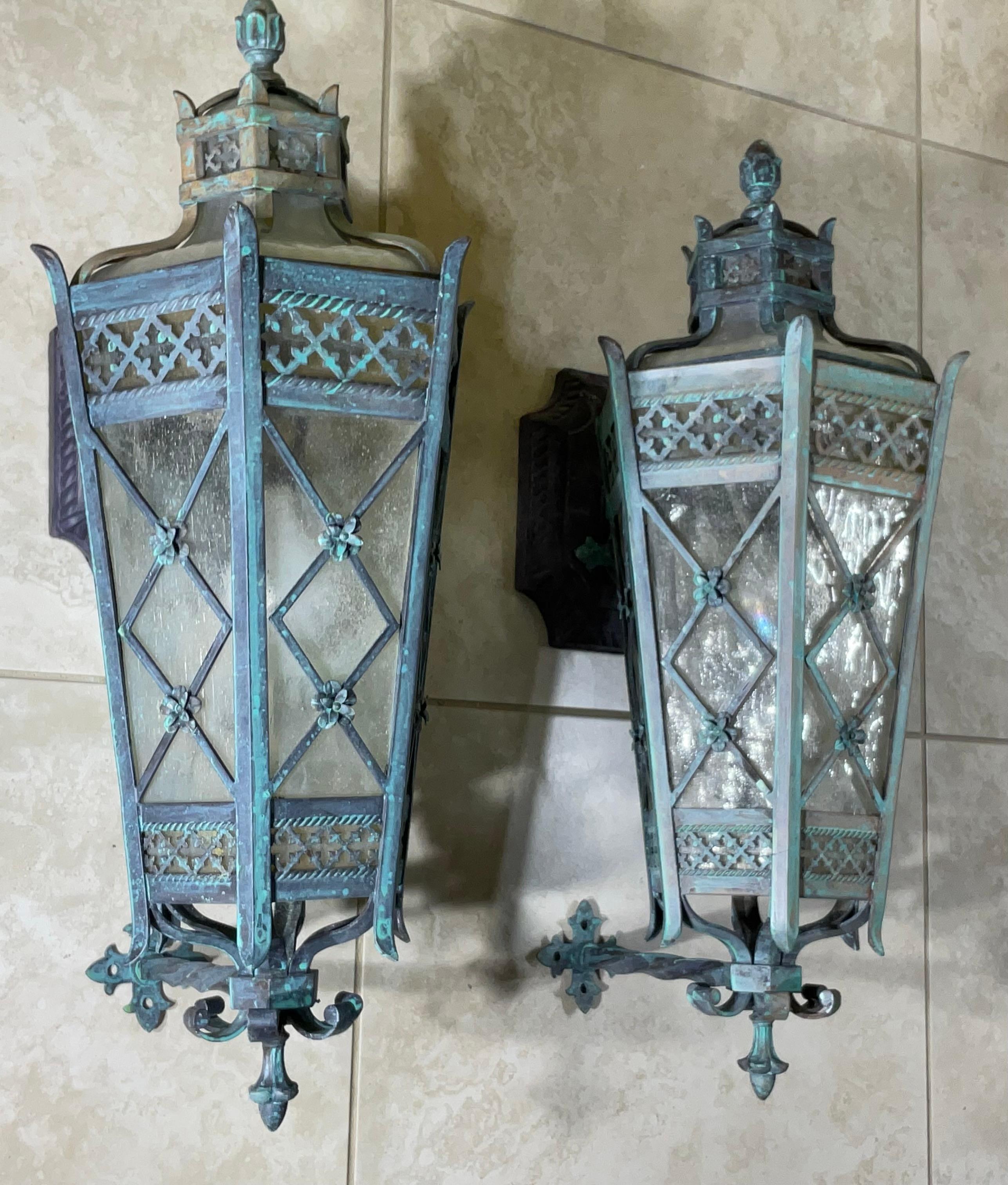 Metal Large Pair of Handcrafted Wall-Mounted Solid Brass Lanterns / Sconces For Sale