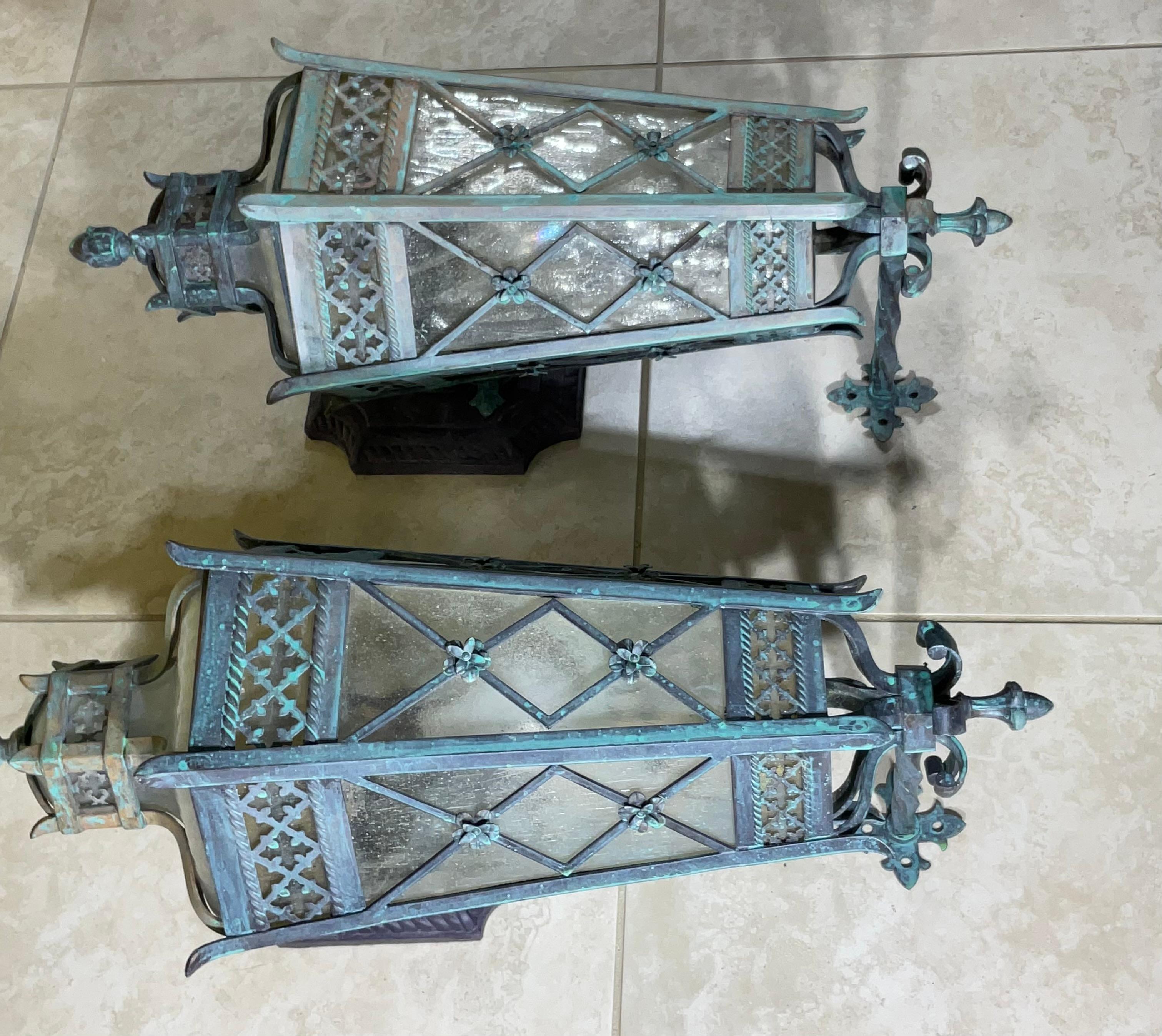 Large Pair of Handcrafted Wall-Mounted Solid Brass Lanterns / Sconces For Sale 1