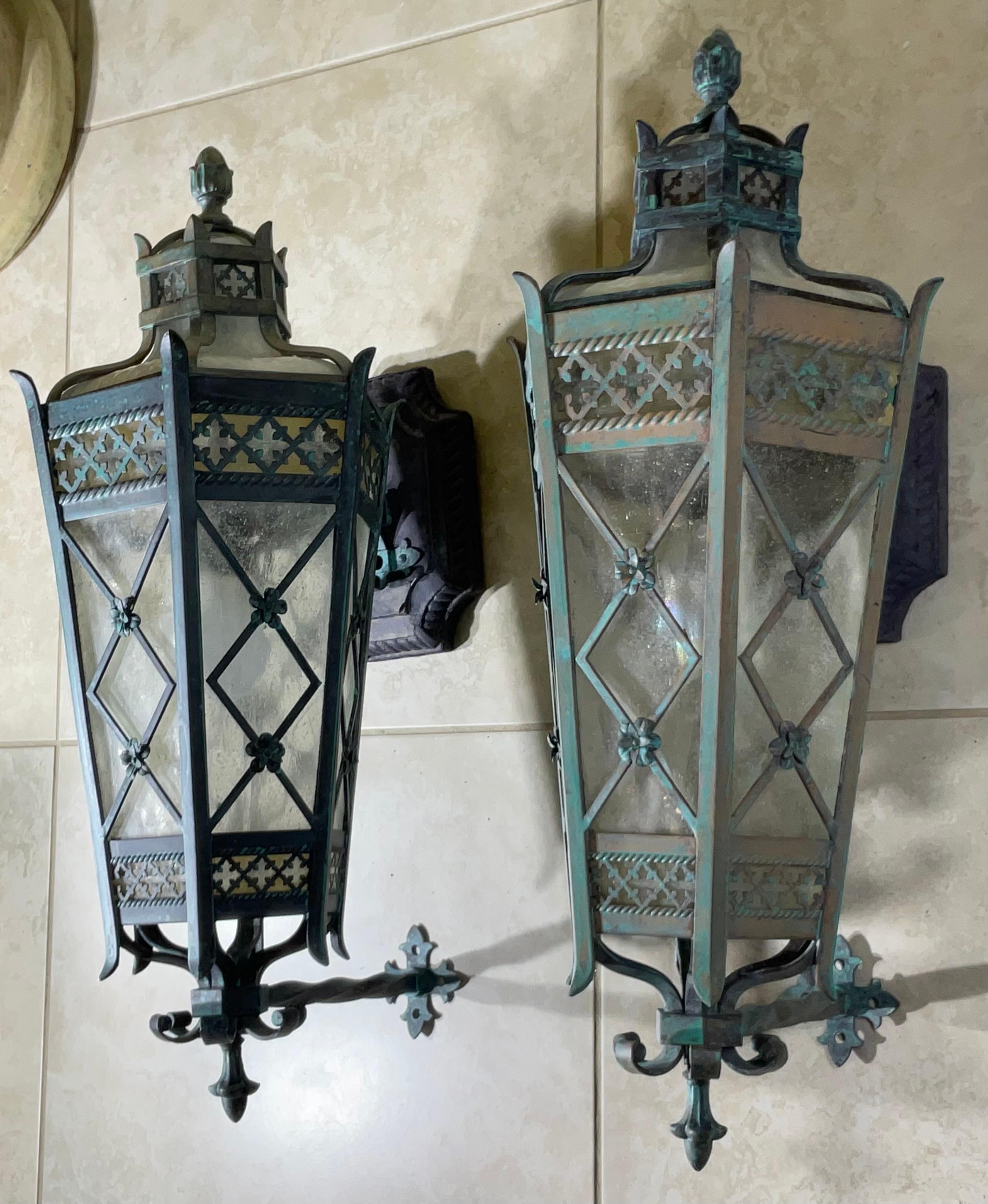 Large Pair of Handcrafted Wall-Mounted Solid Brass Lanterns / Sconces For Sale 2