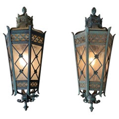 Large Pair of Handcrafted Wall-Mounted Solid Brass Lanterns / Sconces