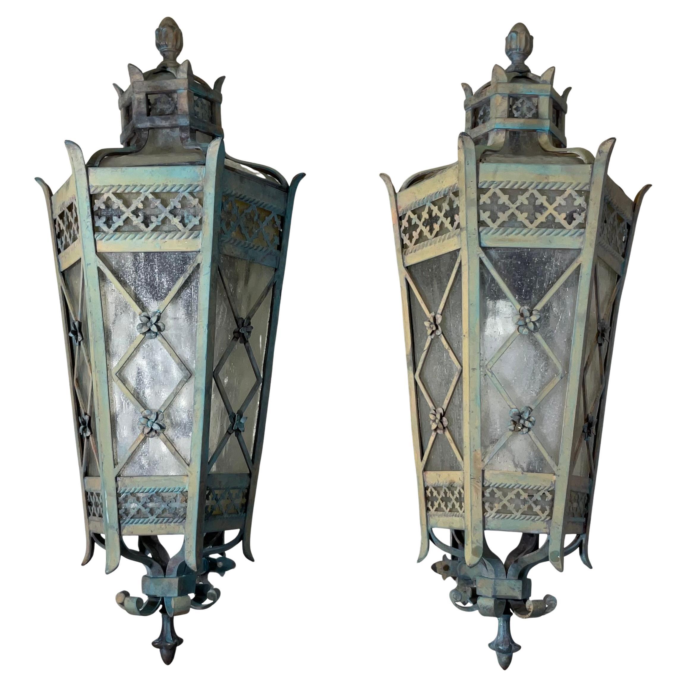 Large Pair of Handcrafted Wall-Mounted Solid Brass Lanterns / Sconces