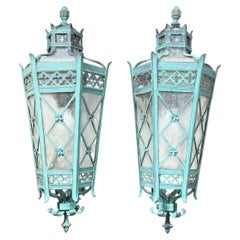 Large Pair of Handcrafted Wall-Mounted Solid Brass Lanterns / Sconces