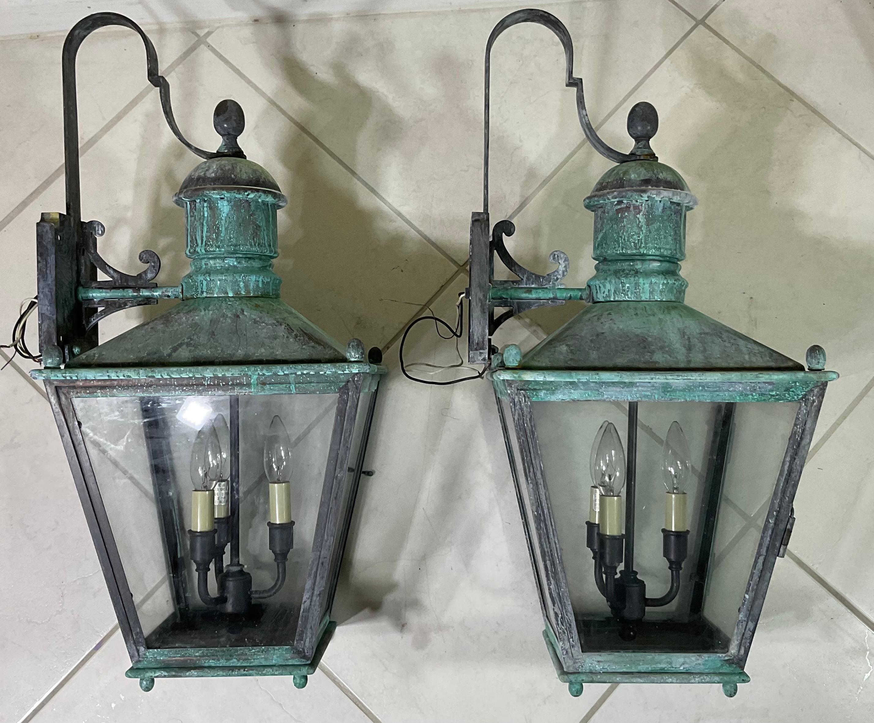 Large Pair of Handcrafted Wall-Mounted Solid Copper Lantern For Sale 3