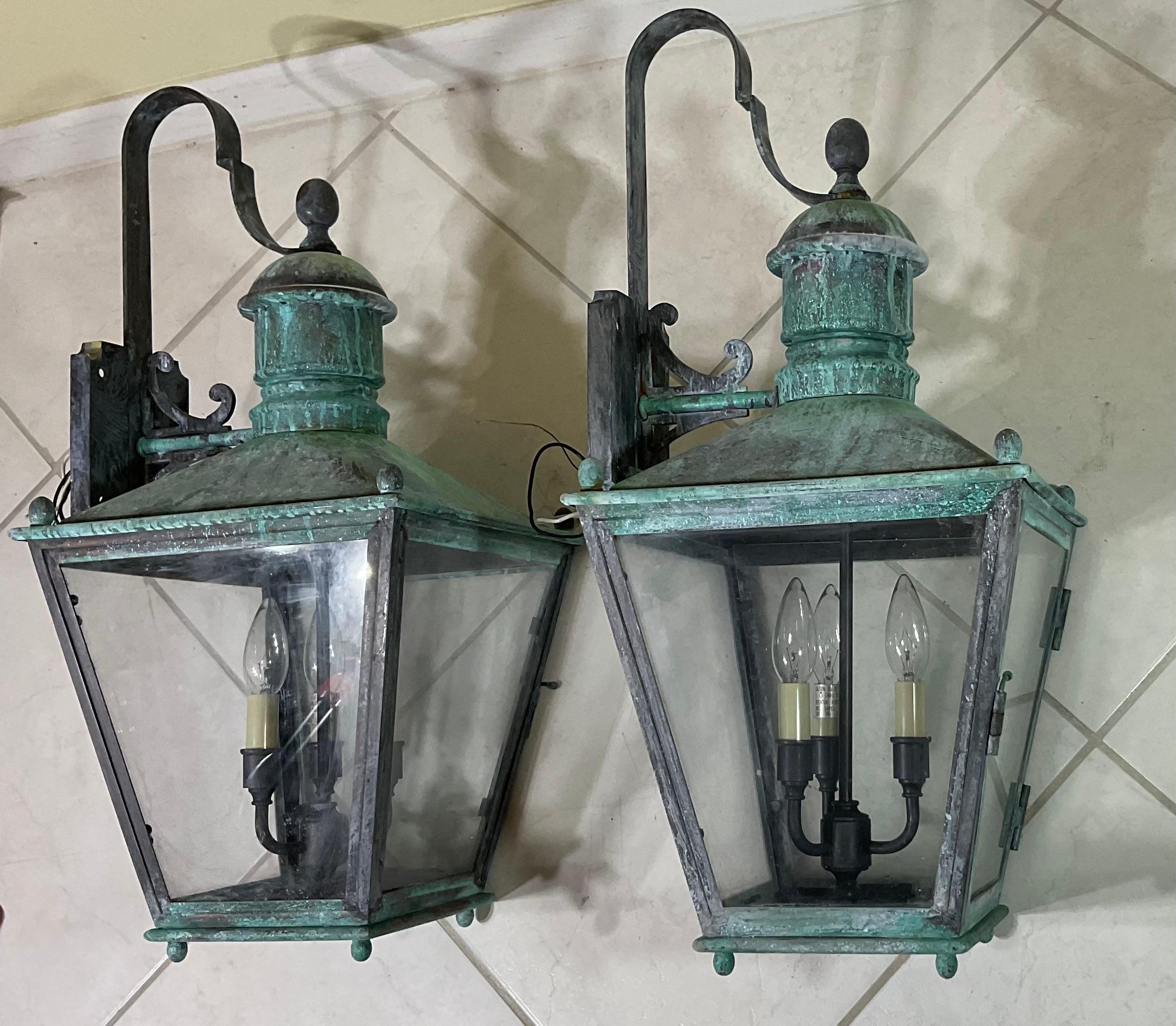 Large Pair of Handcrafted Wall-Mounted Solid Copper Lantern For Sale 4
