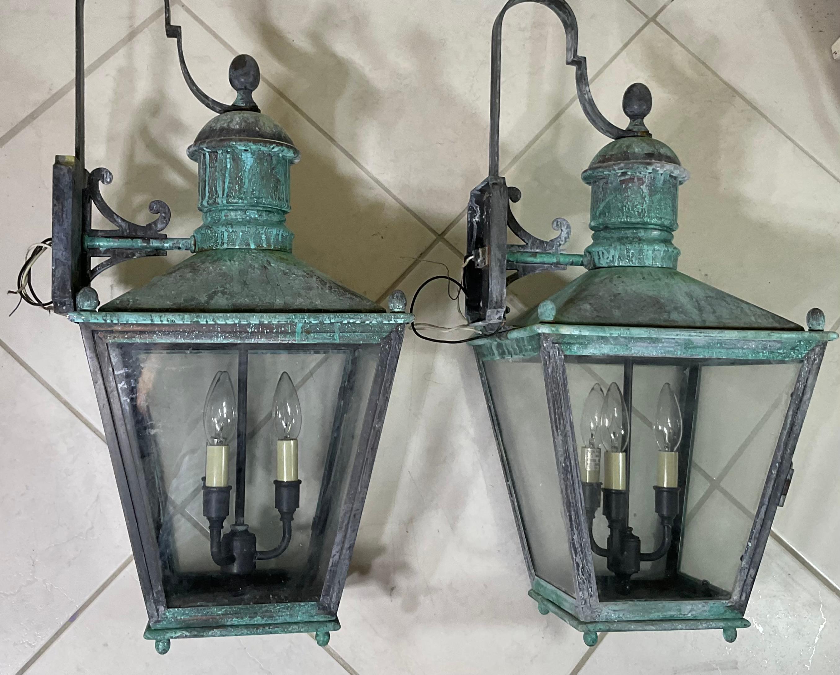 Large Pair of Handcrafted Wall-Mounted Solid Copper Lantern For Sale 5