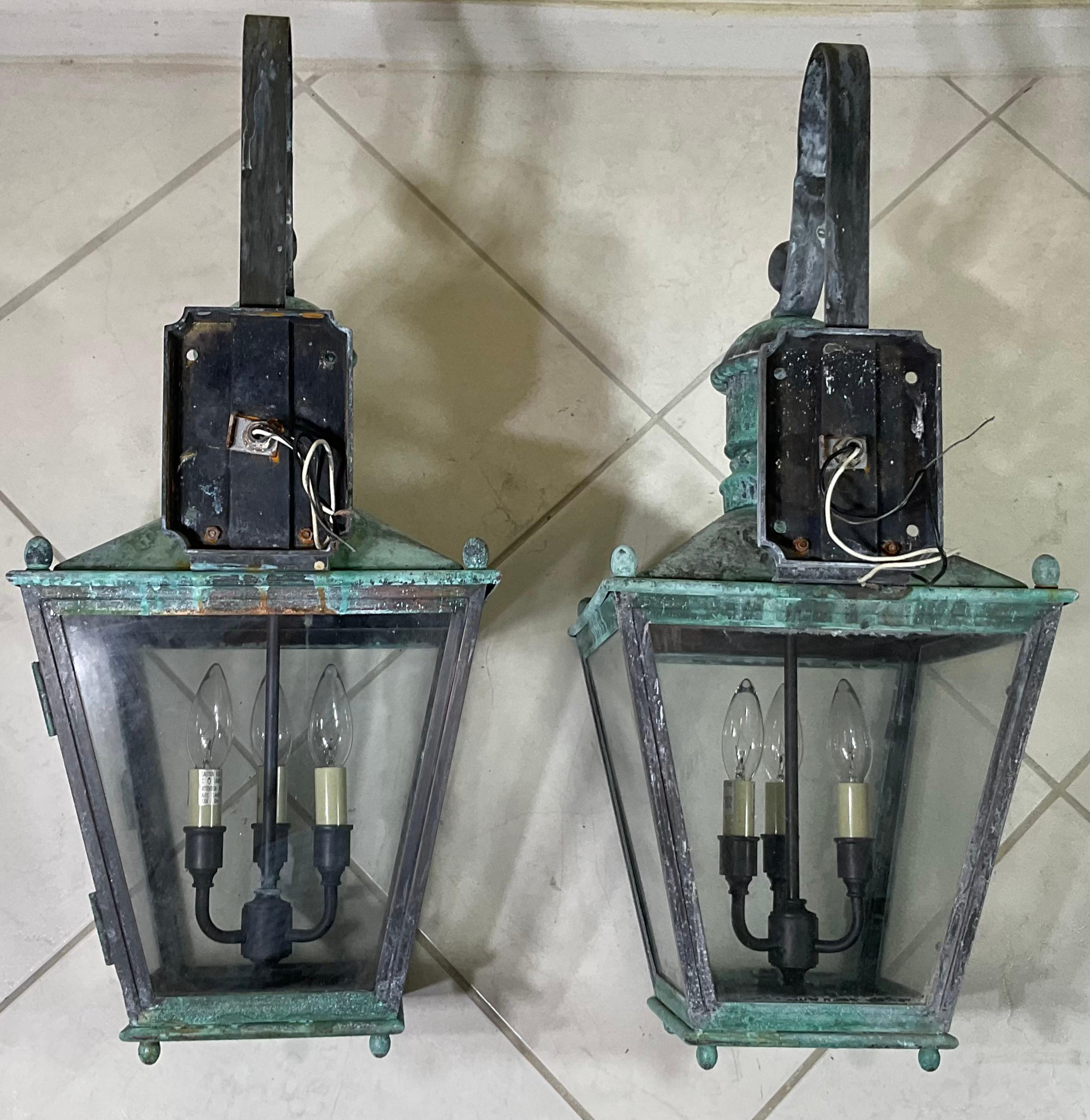 Large Pair of Handcrafted Wall-Mounted Solid Copper Lantern For Sale 6