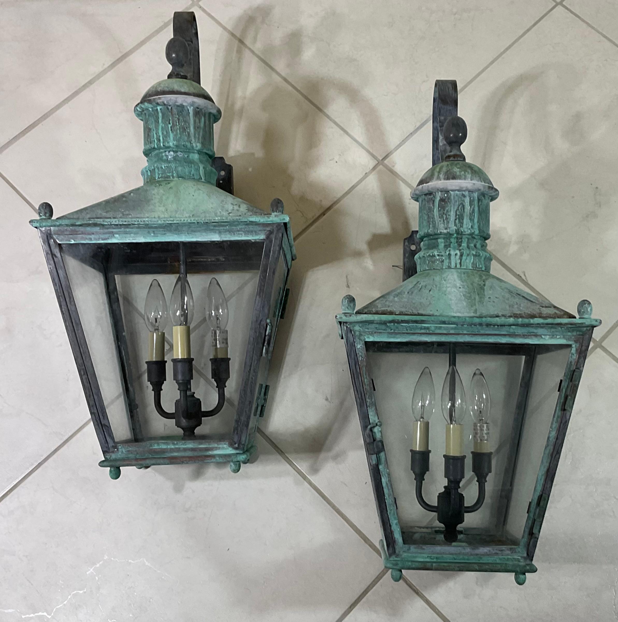 Large Pair of Handcrafted Wall-Mounted Solid Copper Lantern For Sale 7