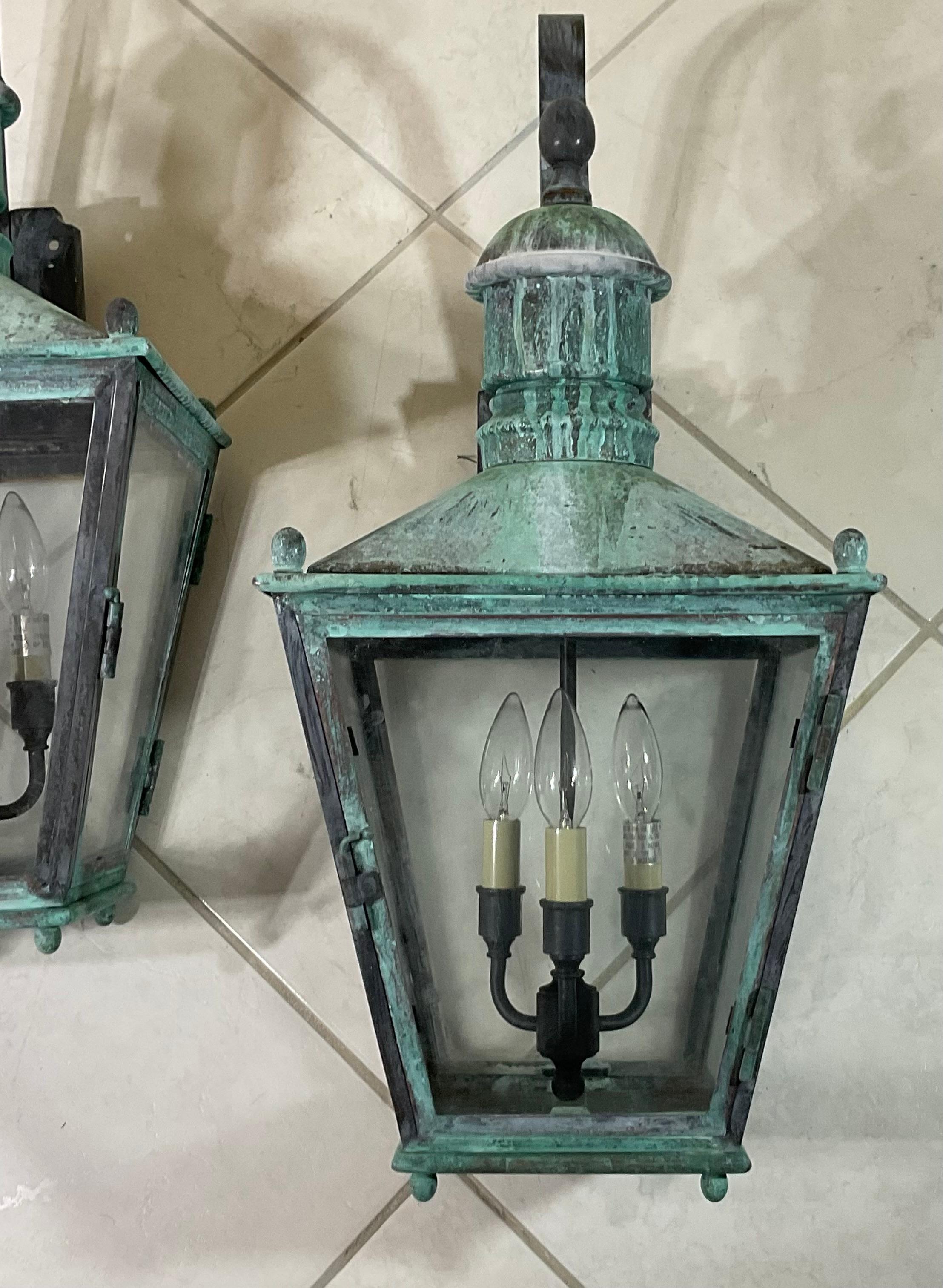 Large Pair of Handcrafted Wall-Mounted Solid Copper Lantern For Sale 8