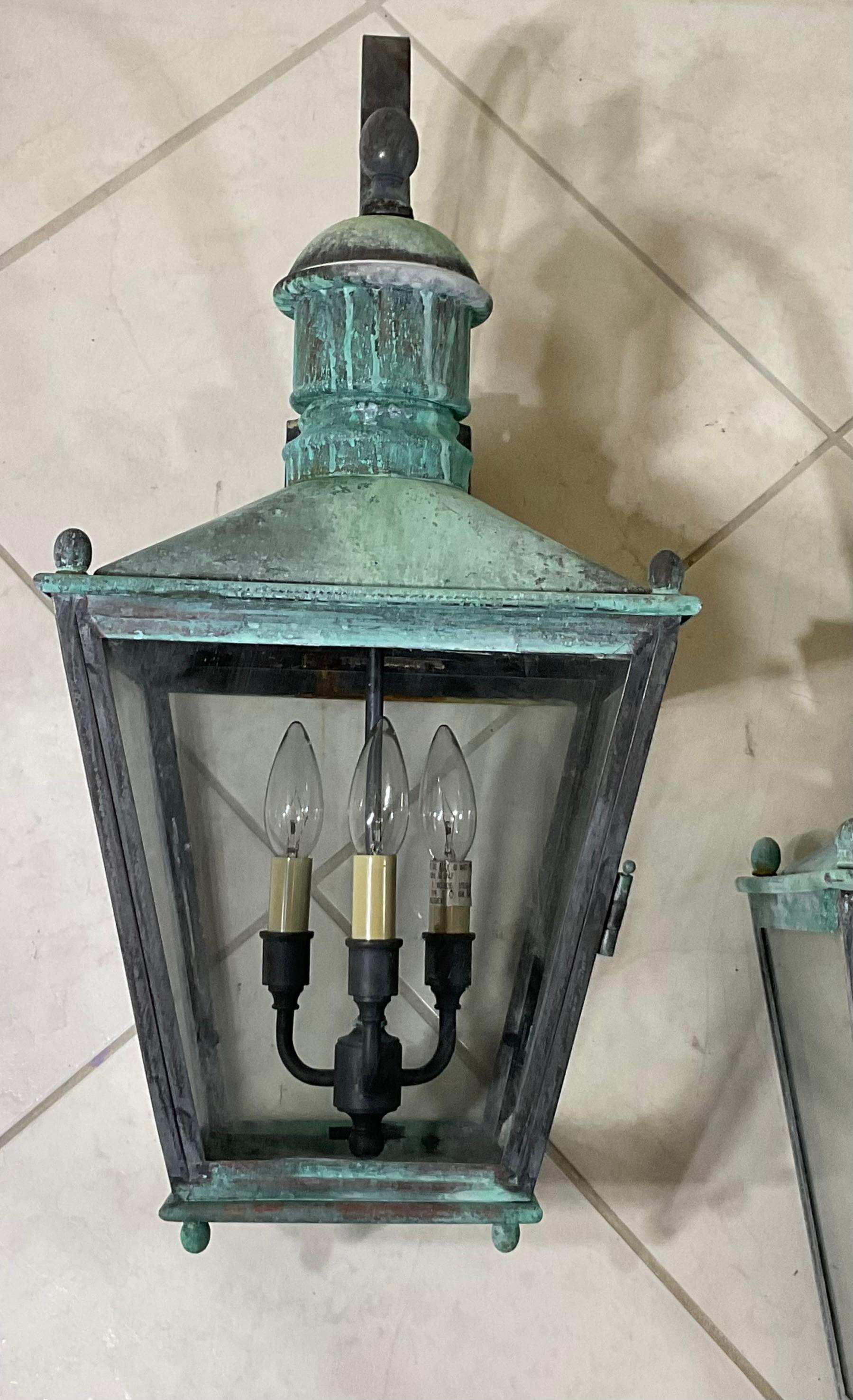 Large Pair of Handcrafted Wall-Mounted Solid Copper Lantern For Sale 9