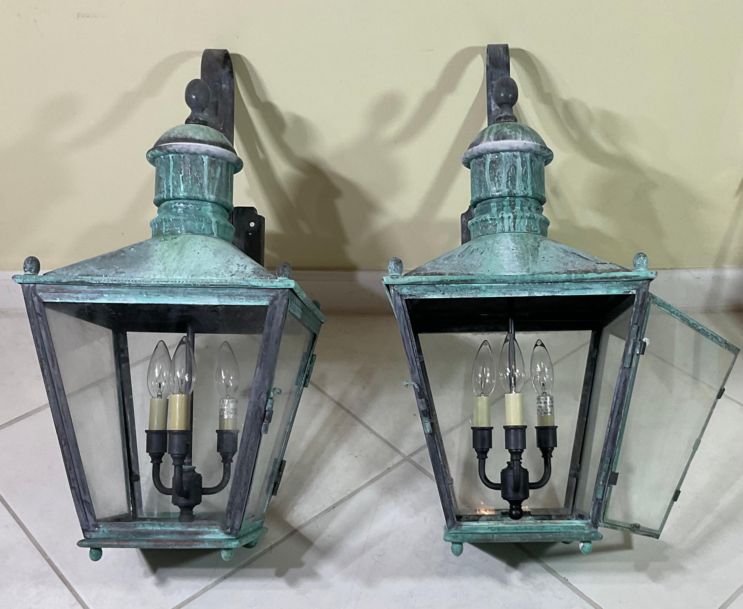 20th Century Large Pair of Handcrafted Wall-Mounted Solid Copper Lantern For Sale