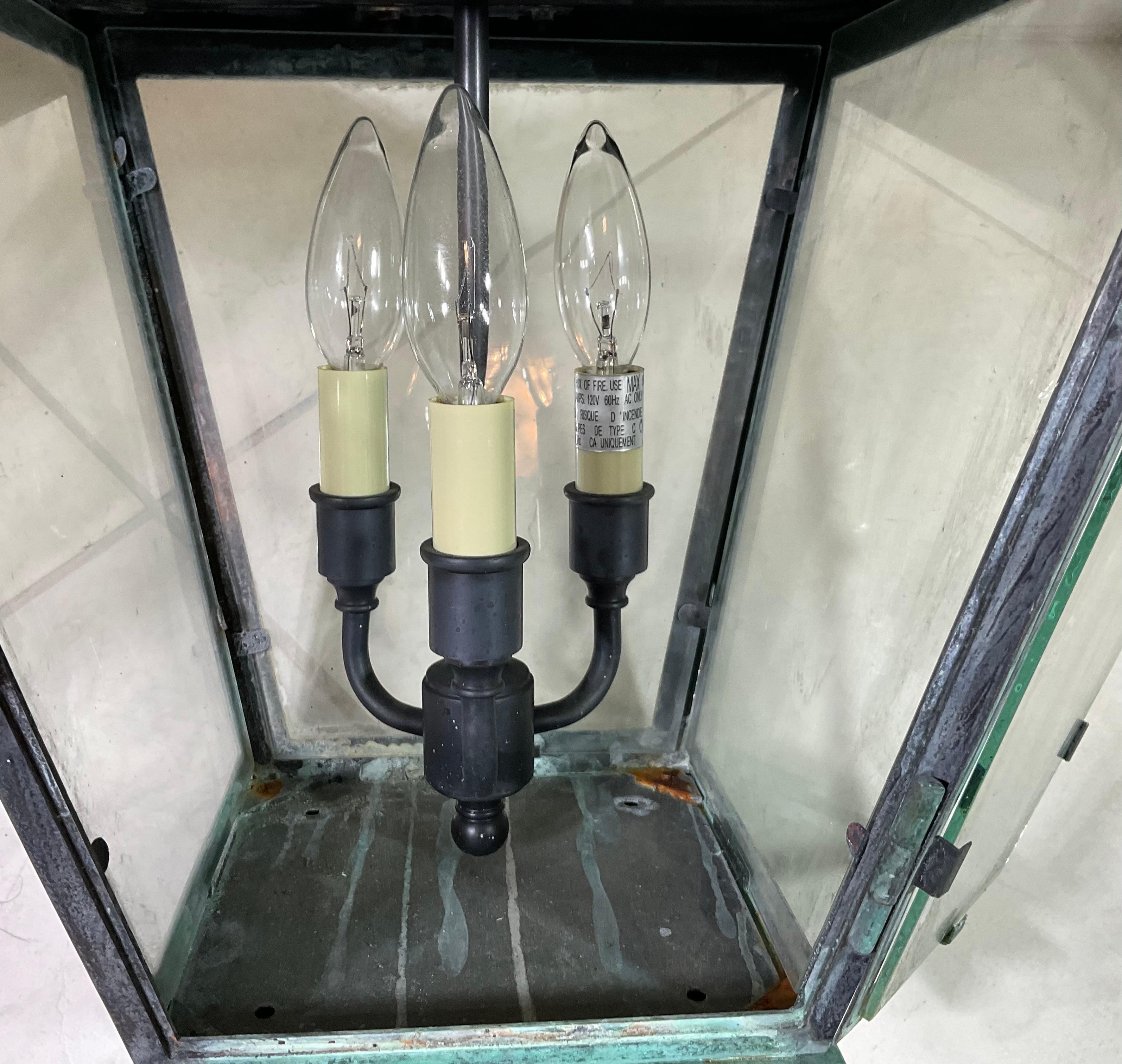 Glass Large Pair of Handcrafted Wall-Mounted Solid Copper Lantern For Sale